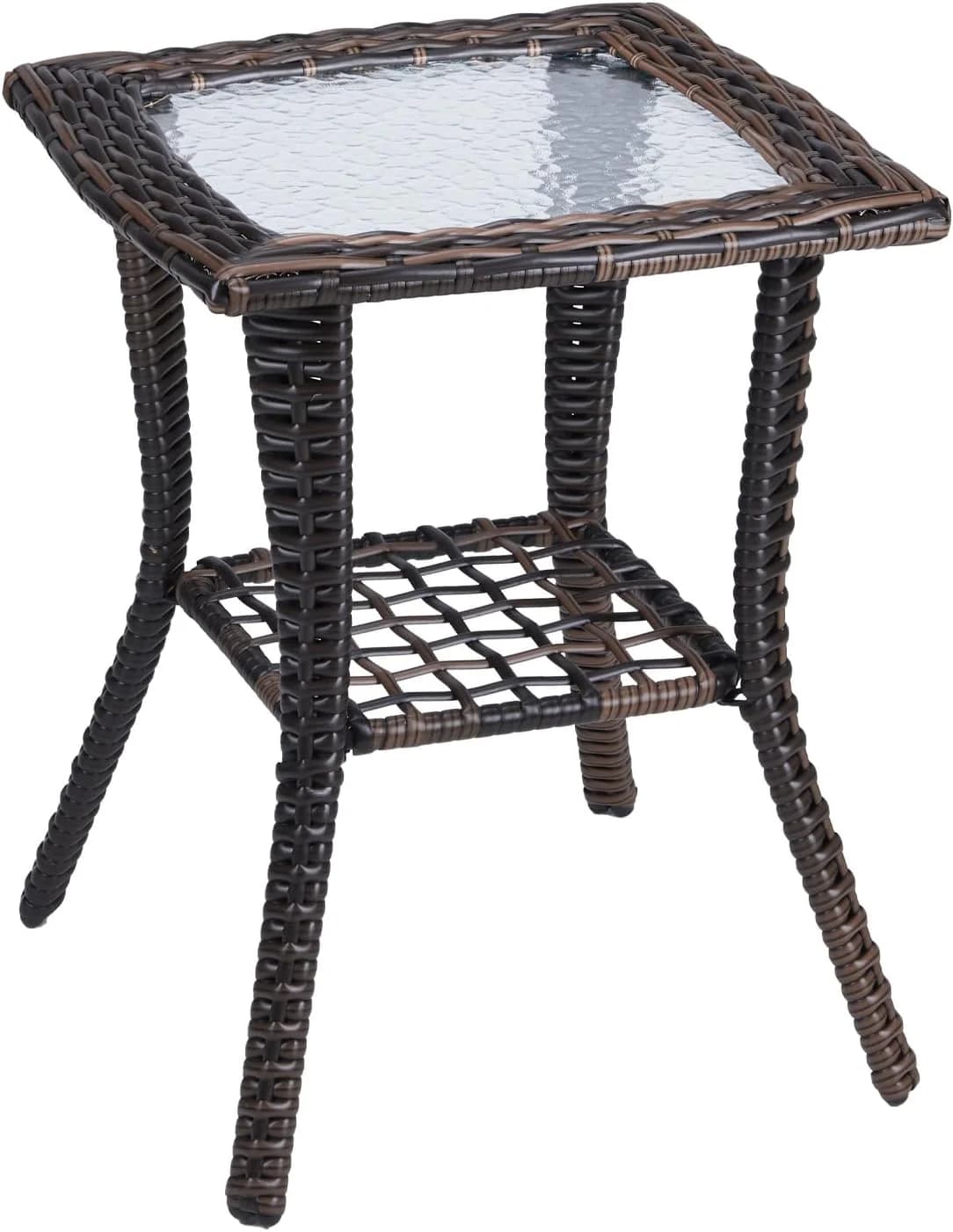 VINGLI Outdoor Side Table with Storage Wicker Patio Side Table, Tempered Glass Top End Table for Balcony Porch Deck (Bro