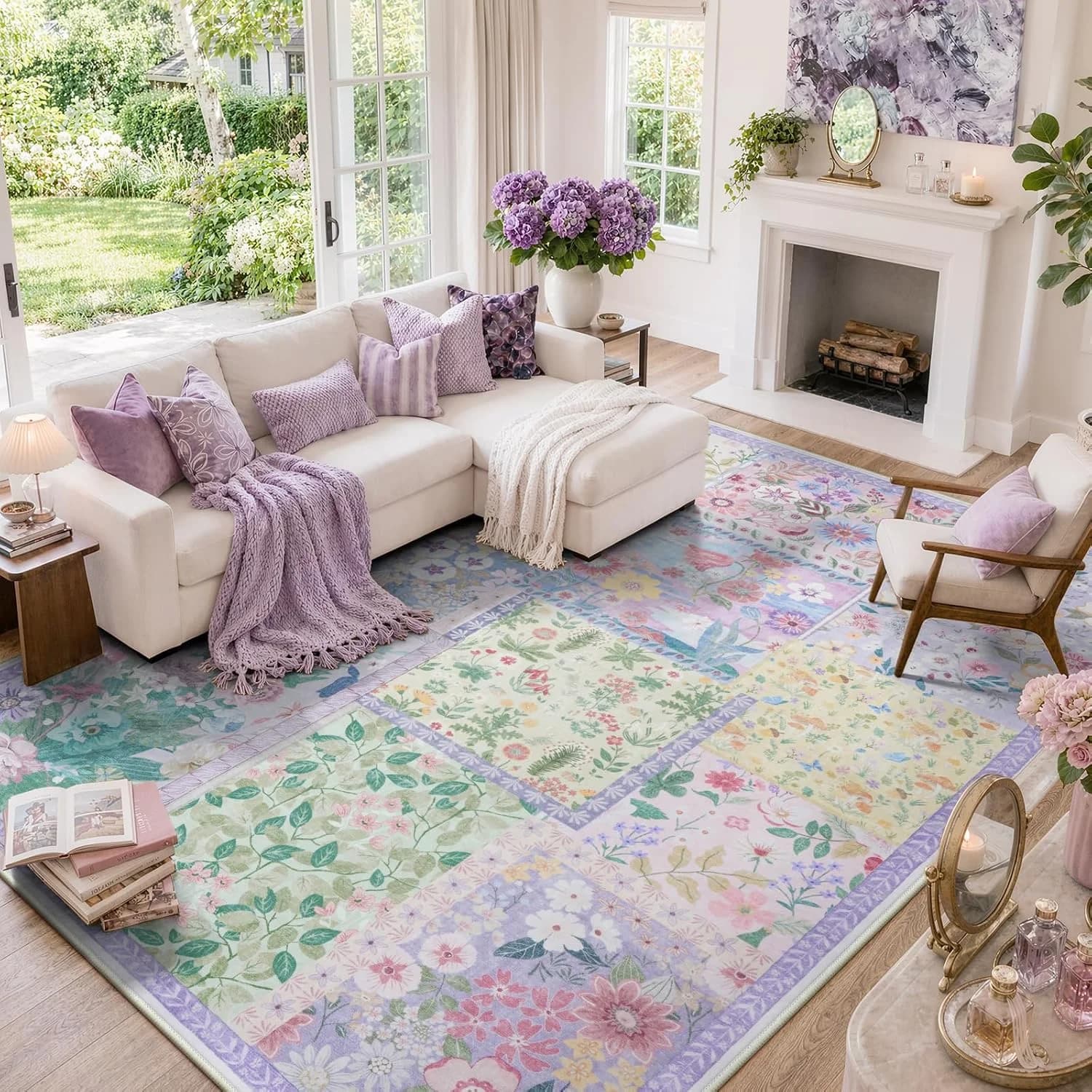 LIVEBOX 8x10 Purple Patchwork Rug, Washable Boho Area Rug for Girls Bedroom