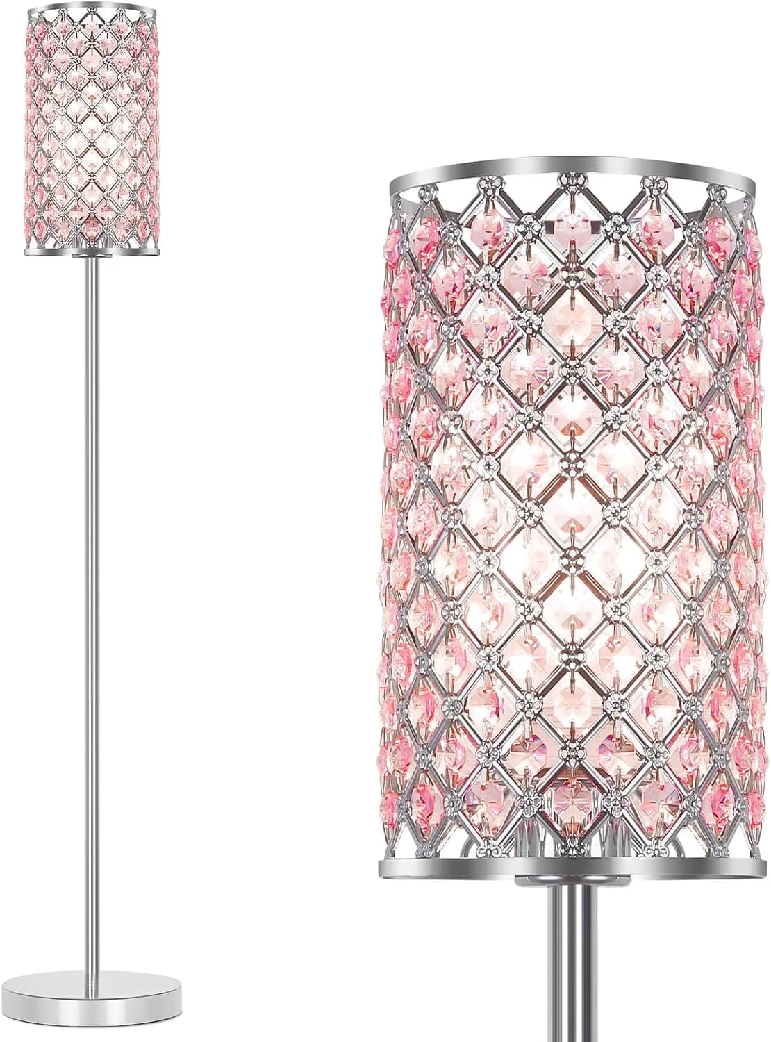 Crystal Floor Lamp, Silver Lamp with Pink Shade and Foot Switch