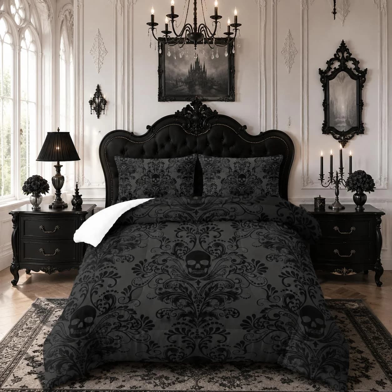 Skull Bedding Set Queen Size,Goth Bedding Sets Queen with Comforter,Skull Comforter Set,Bohemian Bedding Queen Comforter