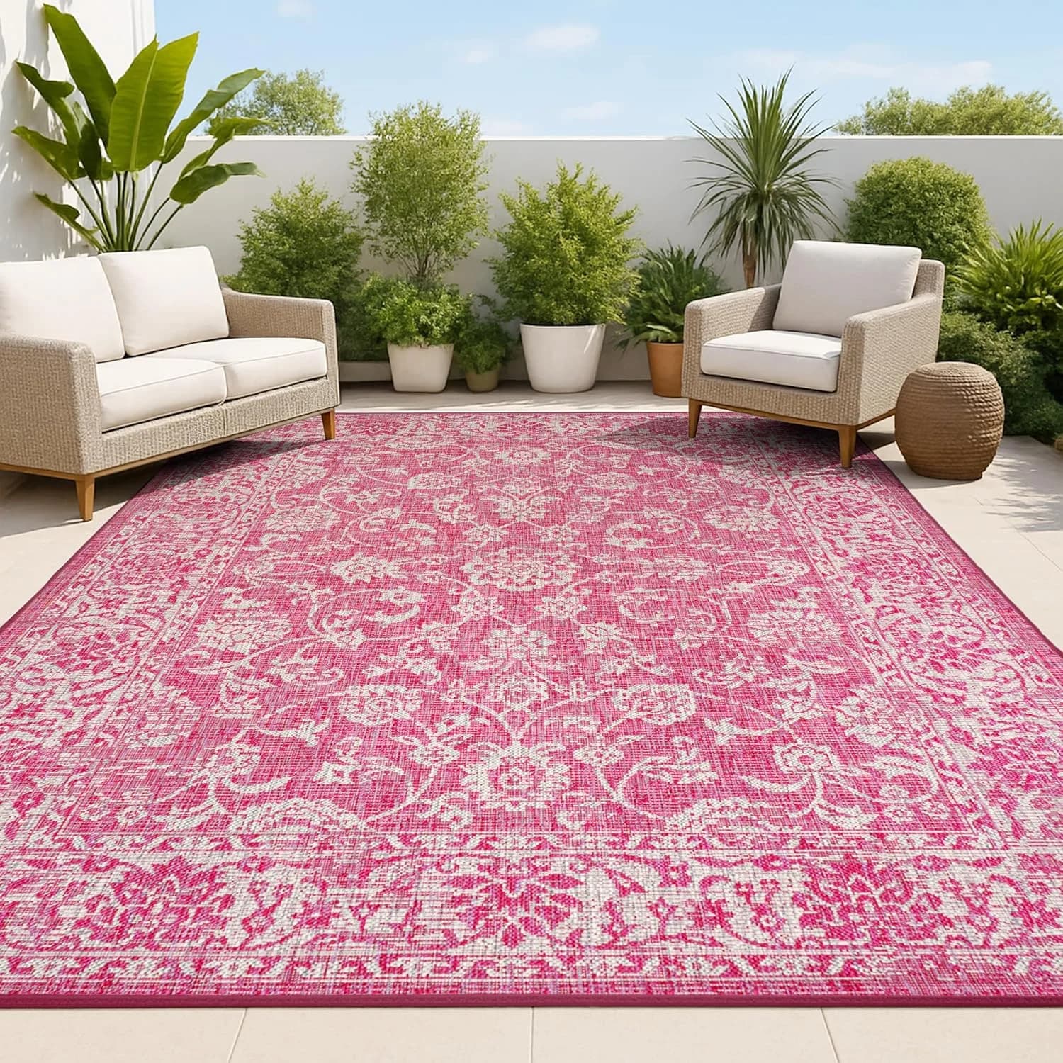 JONATHAN Y Weave Floral Indoor Outdoor Area Rug 3X5 Fuchsia/Light Gray, Tela Bohemian Textured for Backyard, Patio, Porc