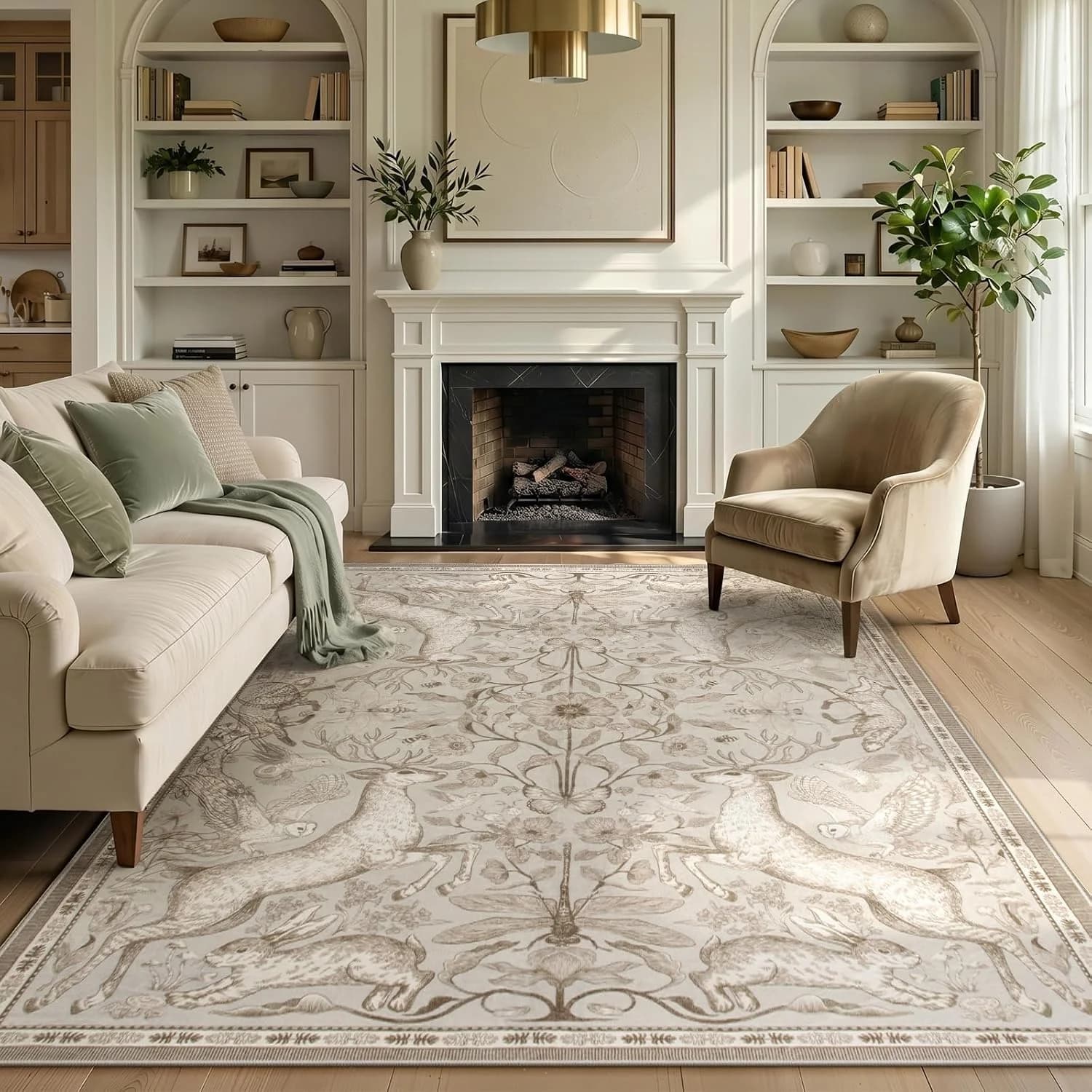 Lahome 6x9 Washable Area Rug for Living Room, Woodland Deer Boho Animal Rug, Vintage Botanical Beige Non-Slip Low Pile L