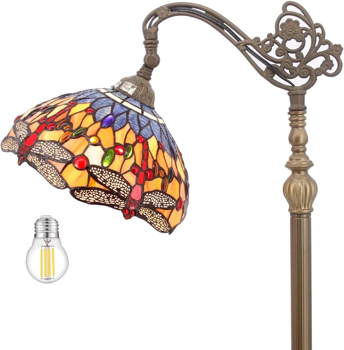 WERFACTORY Tiffany Floor Lamp Stained Glass Dragonfly Arched Reading Lamp