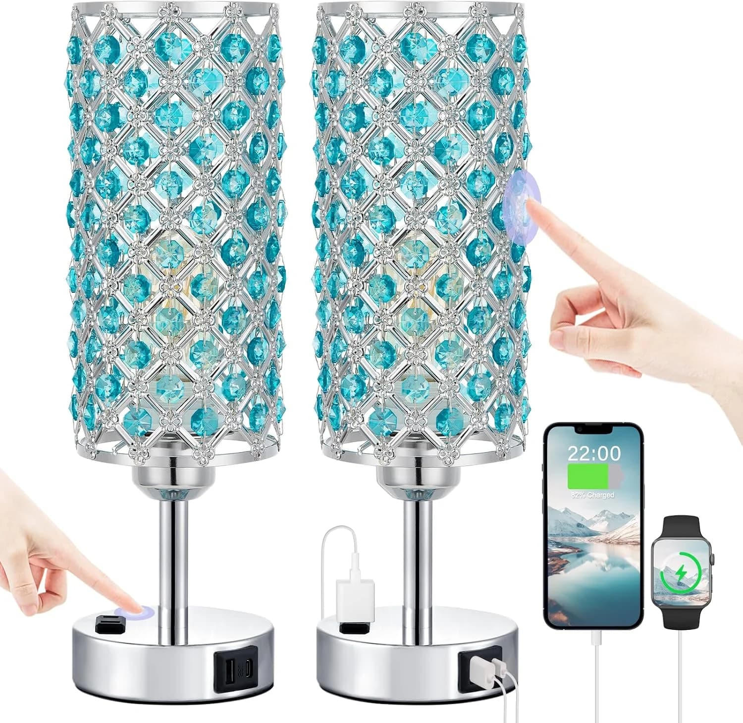Hong-in Blue Crystal Lamp Touch Control Set of 2, Crystal Table Lamps with USB C+A Ports & AC Outlet, 3-Way Dimmable Nig