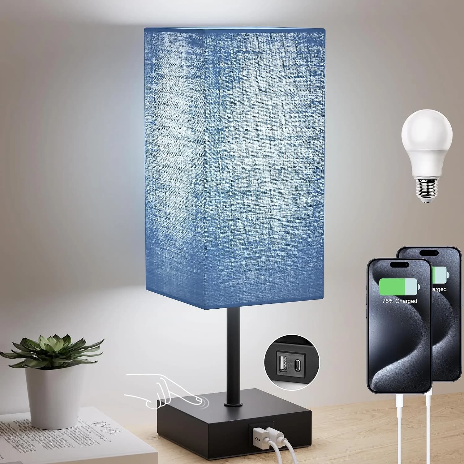 Bedside Table Lamp for Bedroom with 2USB Ports, 14-Inch, NavyBlue