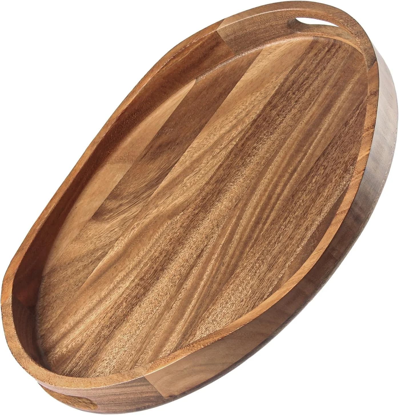 Acacia Wood Serving Tray with Handles - 17"x13" Round, Decorative Ottoman Tray for Living Room, Coffee Table, Breakfast