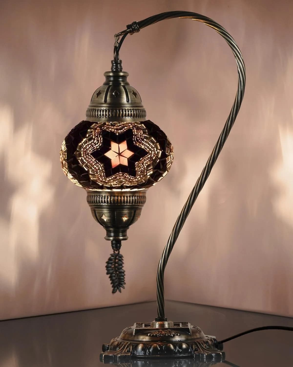 DEMMEX Turkish Moroccan Mosaic Table Lamp – Handcrafted Tiffany-Style Colorful Glass Swan Neck Bedside, Desk, Table Ligh