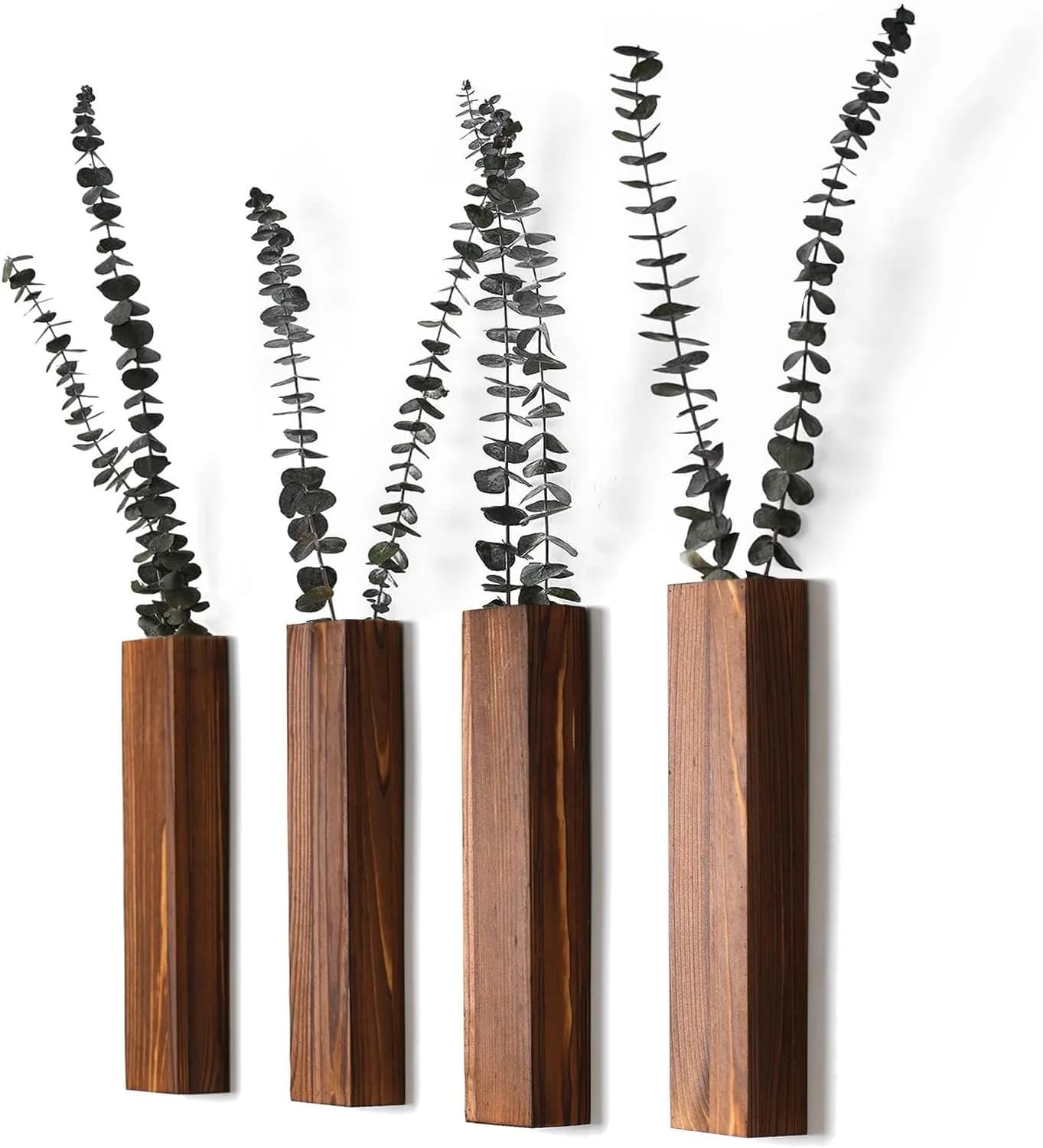 Wooden Wall Planter Set of 4 - Modern Home Decor for Living Room, Bedroom, Bathroom - Walnut Finish Planter for Dried Fl