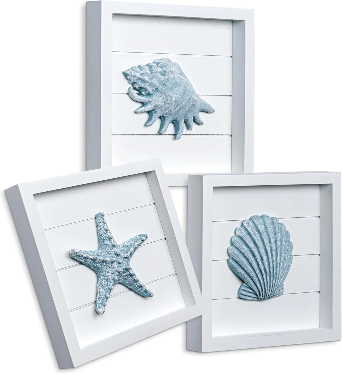 Tide and Tales 3D Coastal Wall Art, Beach Wall Decor, Framed Set of 4, Blue