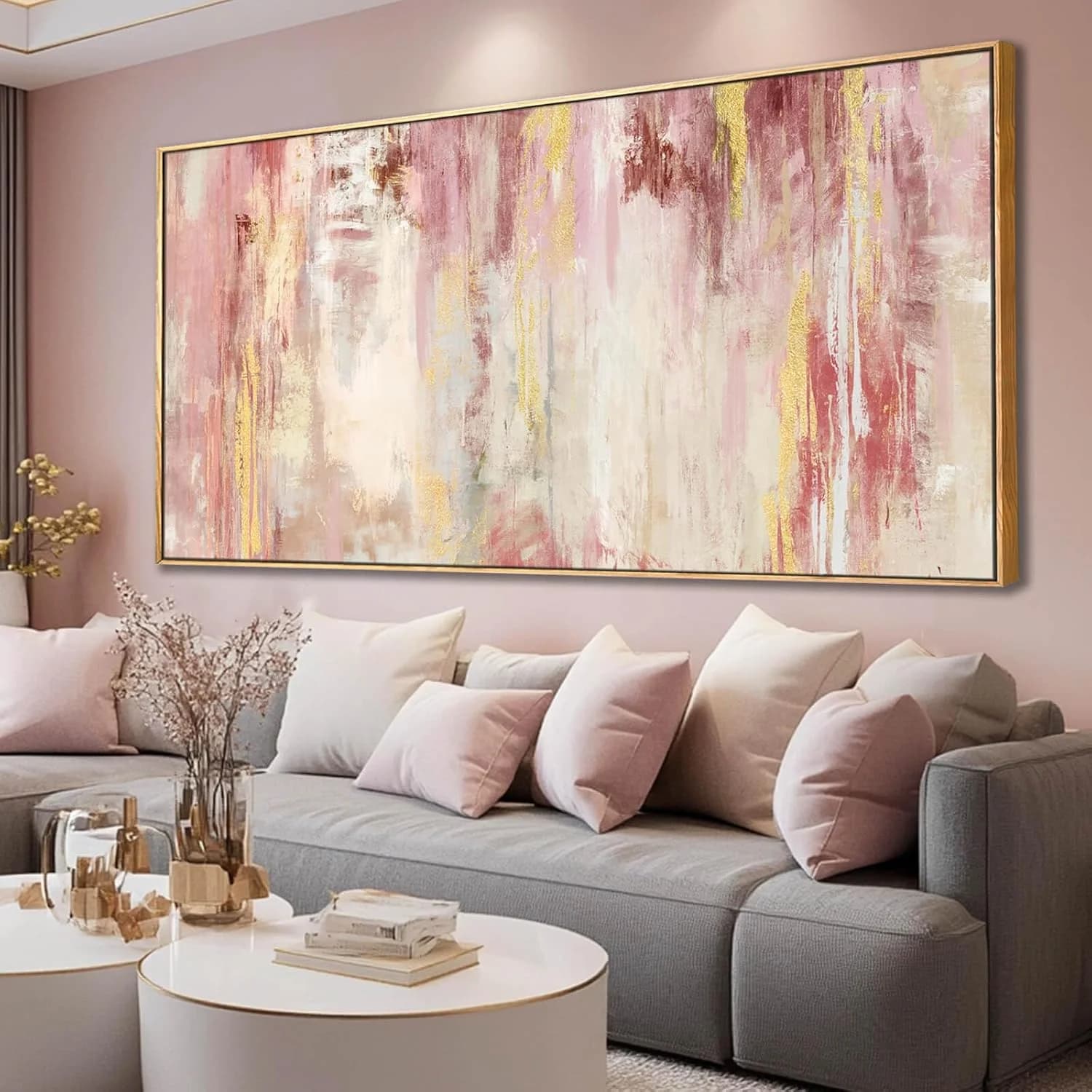 SOUGUAN Pink and Gold Pictures Canvas Wall Art for Bedroom Abstract Hand Paintings Home Decor for Bedroom Kitchen Office