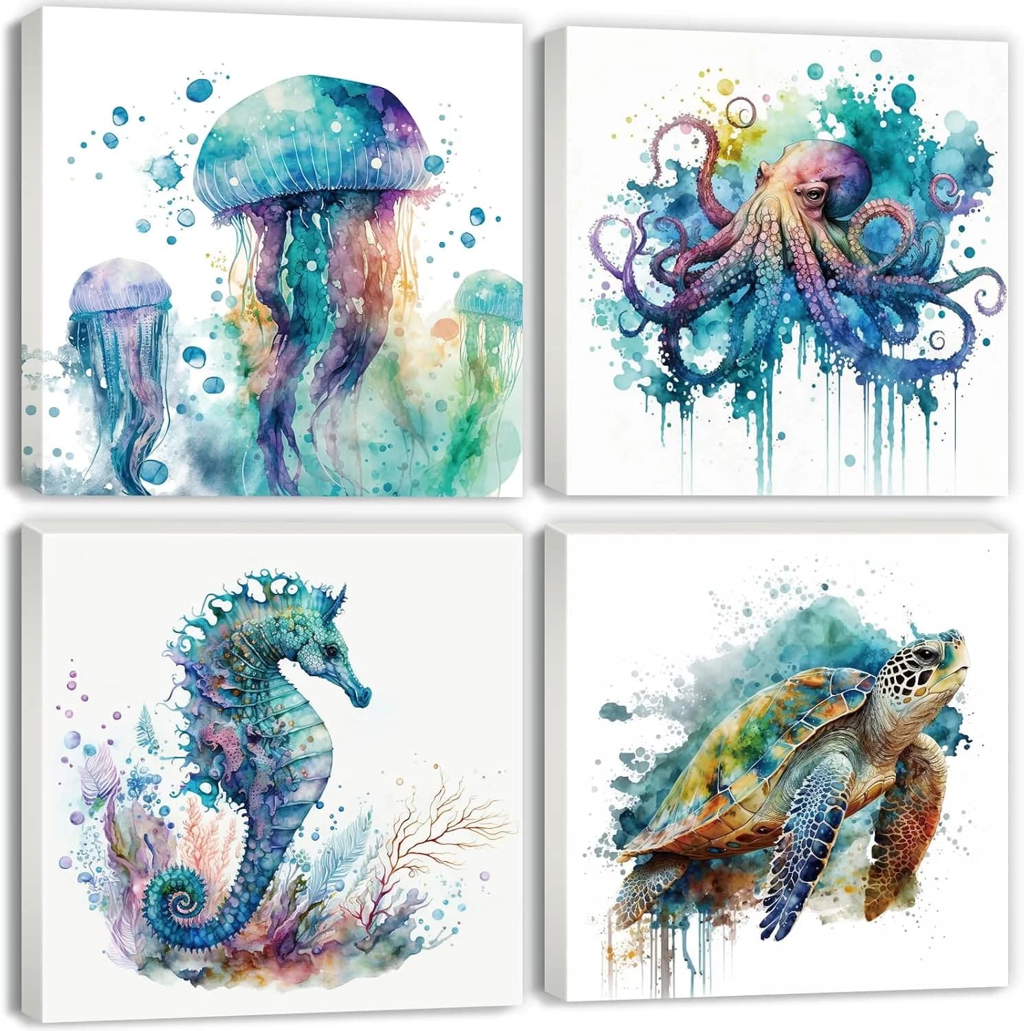 Watercolor Octopus Seaturtle Seahorse Jellyfish Wall Art Beach Bathroom Decor Sea Animal Canvas Pictures for Bedroom Liv
