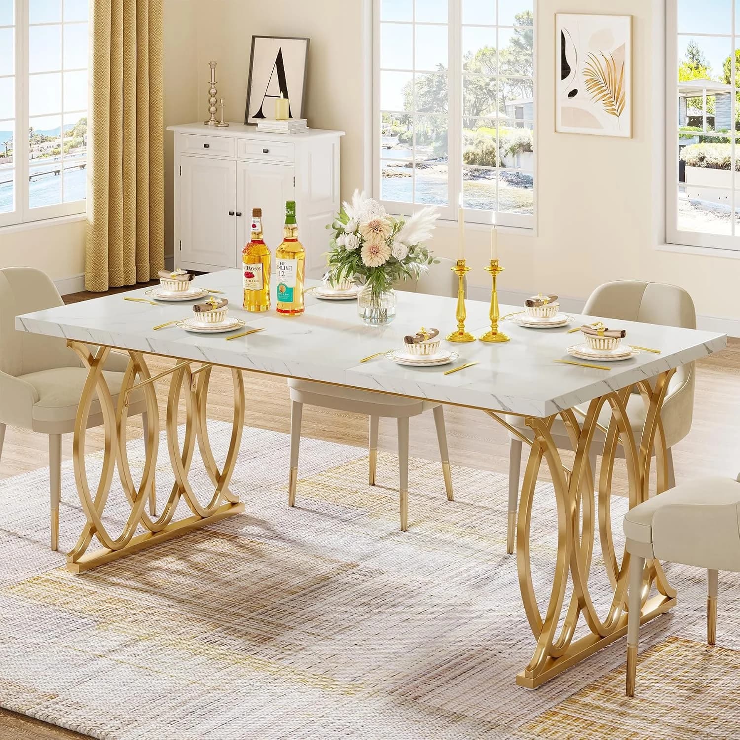 Tribesigns 63" Dining Table for 4 to 6, White and Gold Kitchen Table