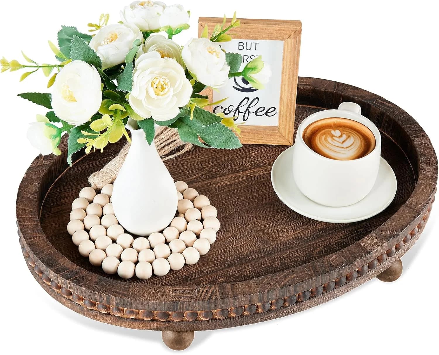 HouseJoy Wooden Decorative Tray for Table: 16×11.8in Wood Beaded Tray