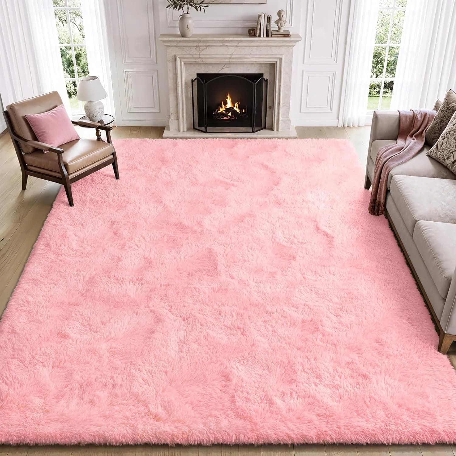Pink Area Rug for Bedroom, 4x6 Rugs for Living Room, Fluffy Carpet for Girls Nursery Kids Room, Soft Plush Shag Non Slip