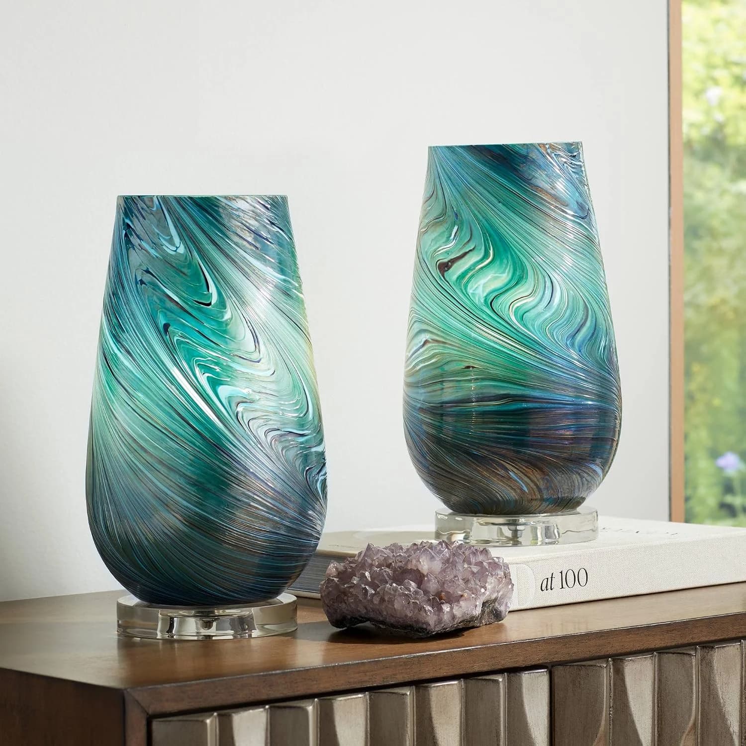 Carmen 12.5" Small Accent Lamps Set of 2 Art Clear Glass Green Modern