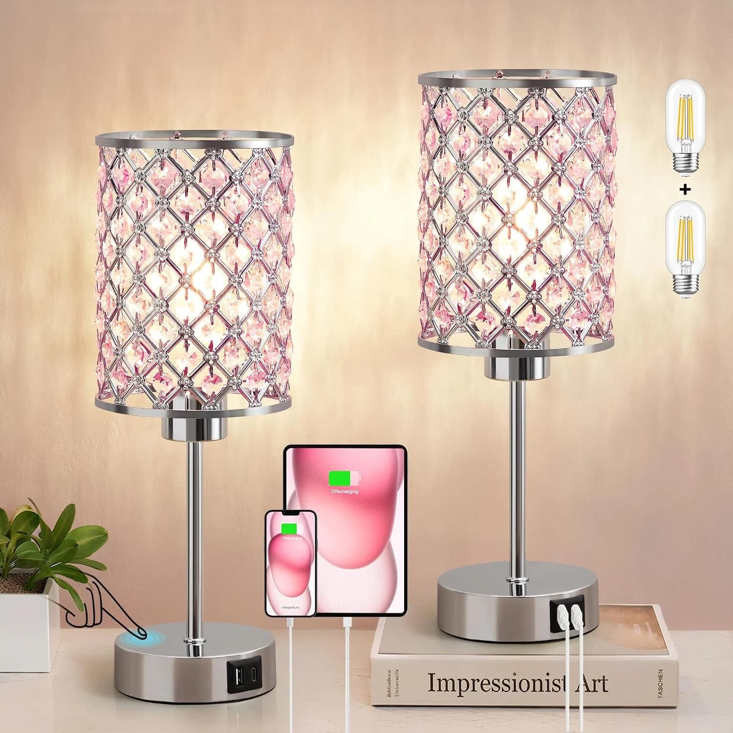 GyroVu Pink Crystal Bedside Table Lamps Set of 2 with USB C+A Ports