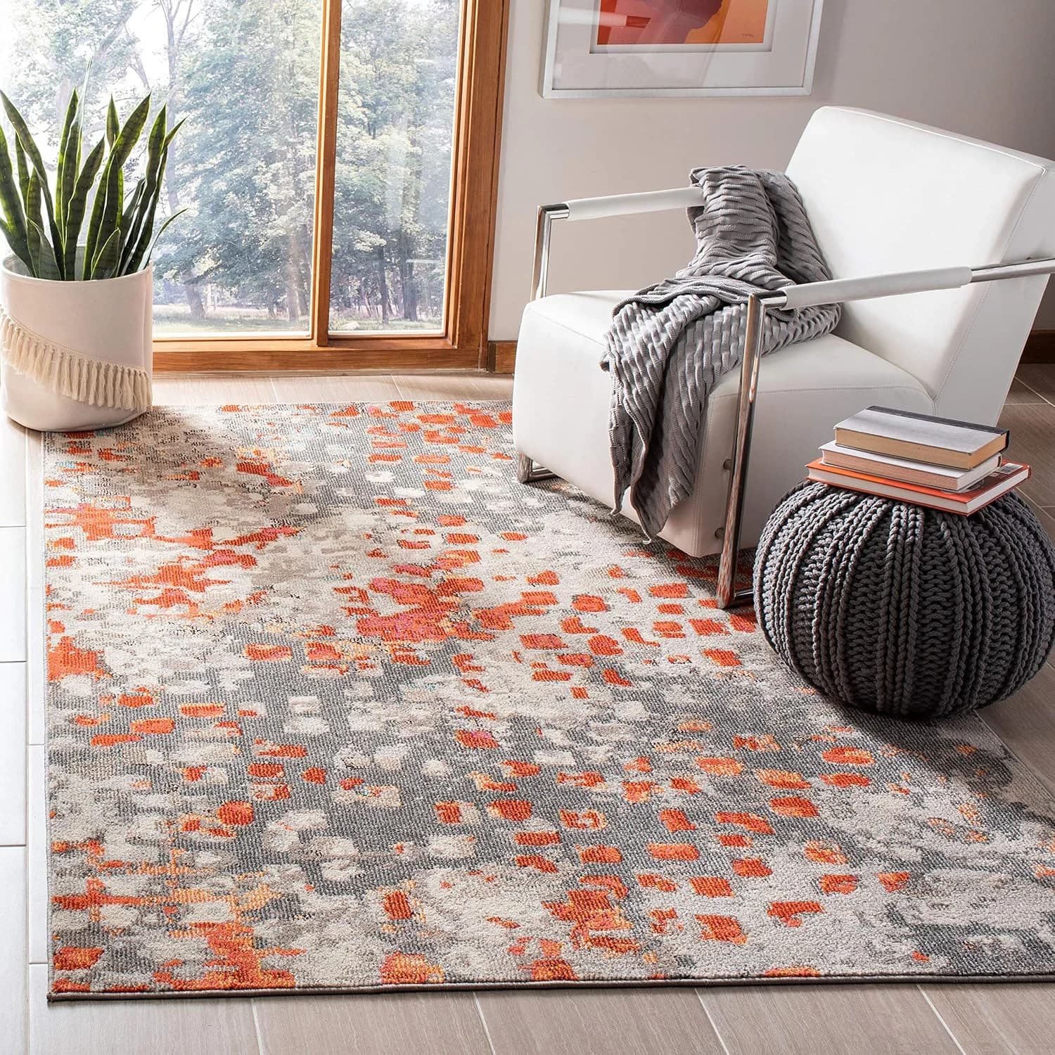 SAFAVIEH Madison Collection Area Rug - 5'3" x 7'6", Grey & Orange, Boho Abstract Distressed Design, Non-Shedding & Easy