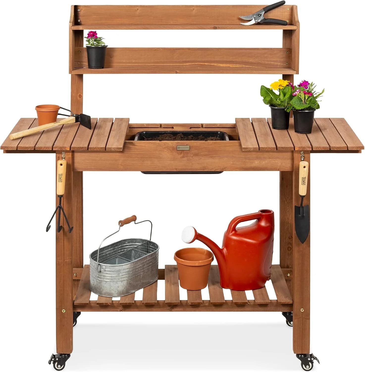 Best Choice Products Mobile Garden Potting Bench, Outdoor Wood Workstation Table w/Sliding Tabletop, 4 Locking Wheels, F