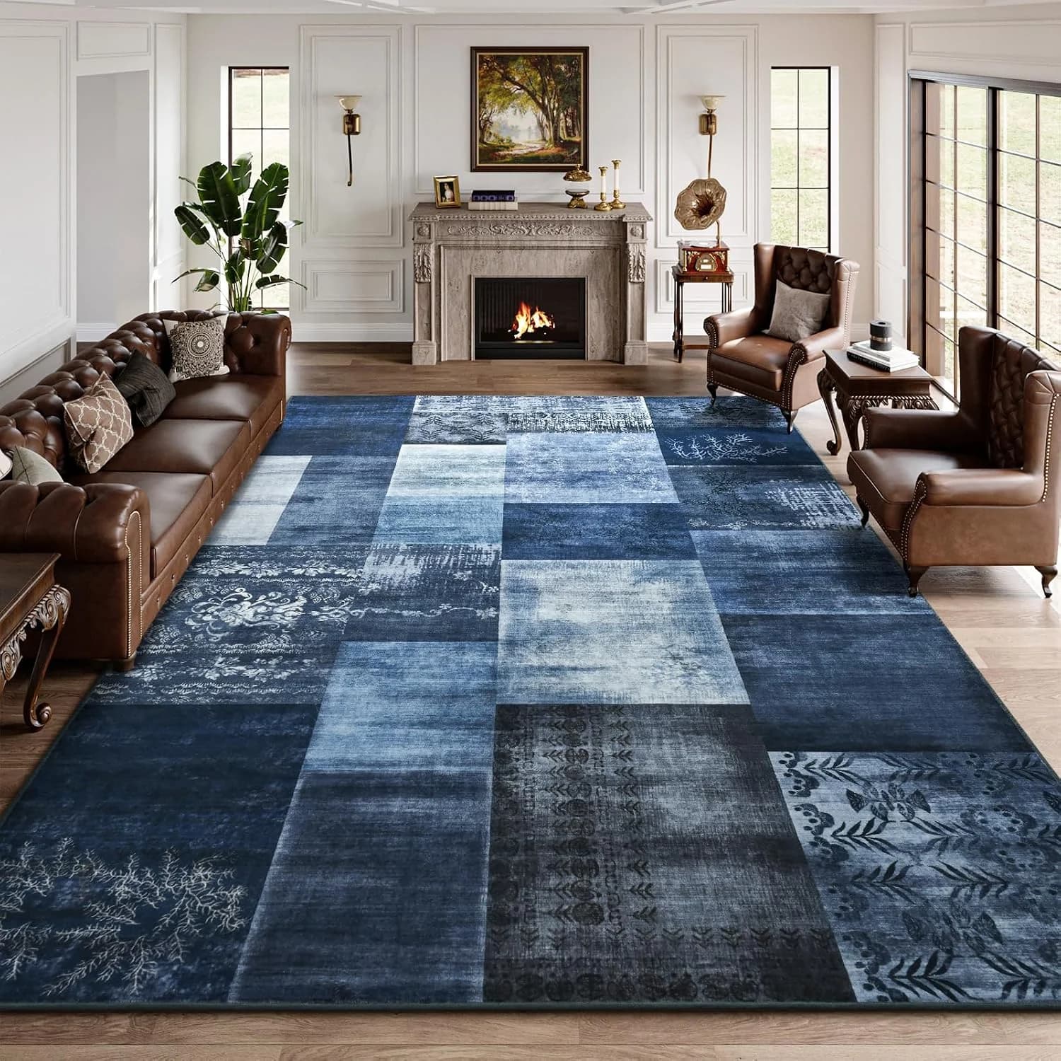DweIke Washable Area Rugs 5x7 for Living Room, Modern Geometric Navy Blue Soft Patchwork Carpet, Non-Slip Stain Resistan