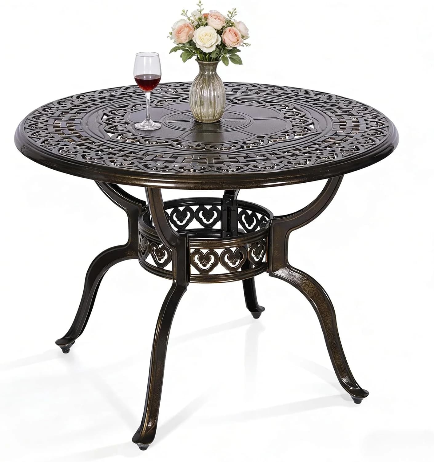 MEETWARM 38.5" Round Patio Dinning Table, Outdoor Cast Aluminum Dinning Table with 2" Umbrella Hole, Dark Bronze