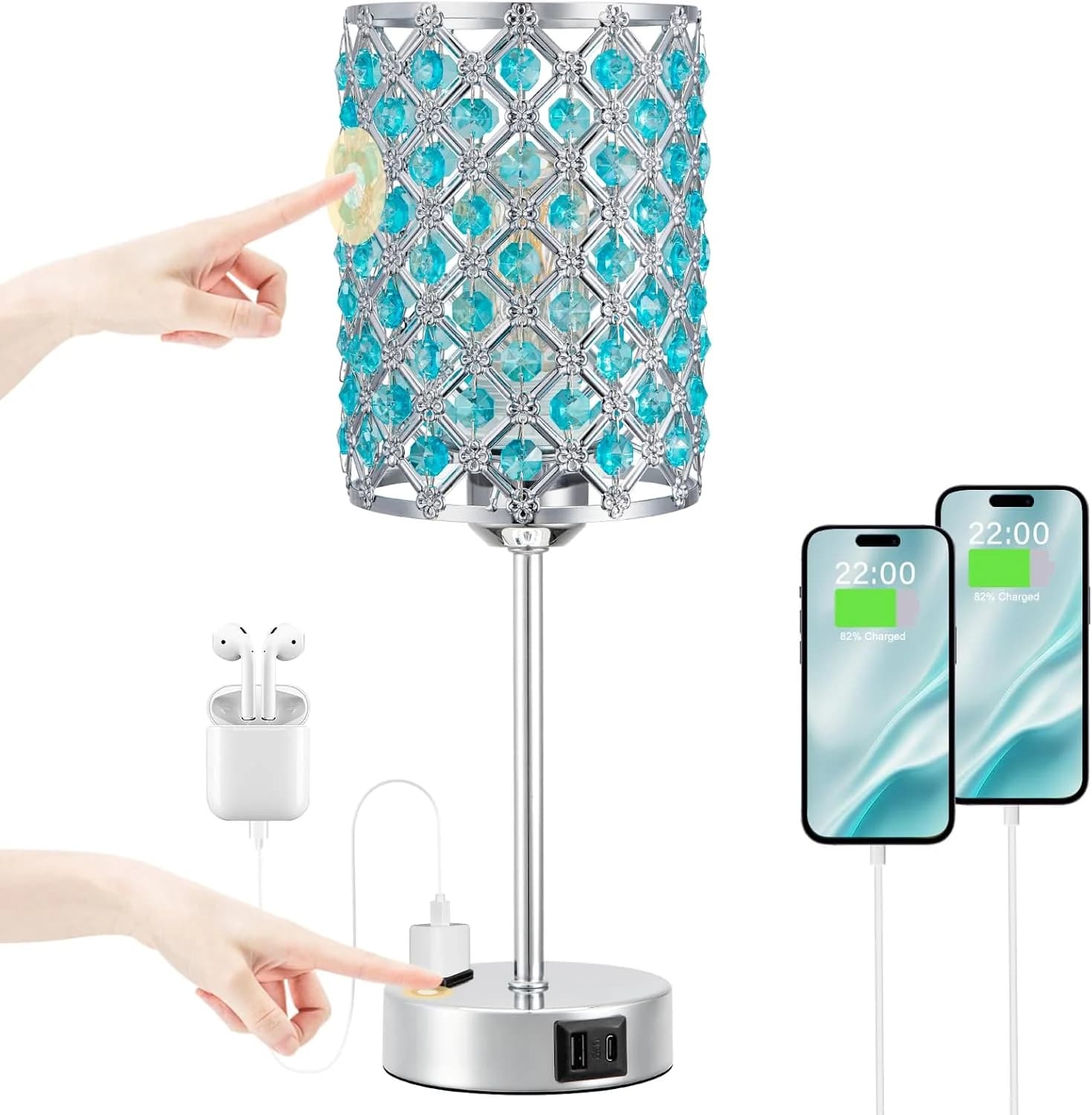Crystal Lamp for Night Stands, Blue Table Lamp for Bedroom, Bulb Included