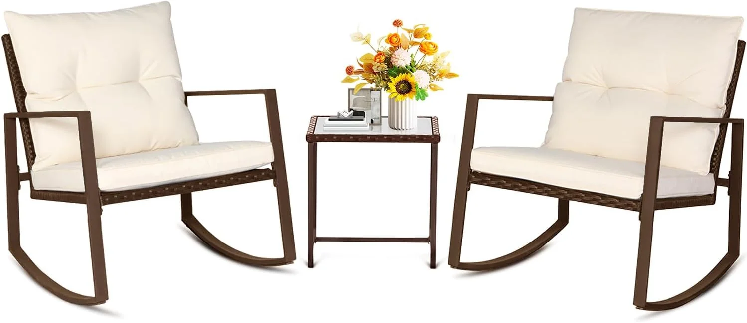 SUNCROWN 3 Piece Outdoor Rocking Bistro Set Brown Wicker Furniture Porch Chairs Conversation Sets with Glass Coffee Tabl