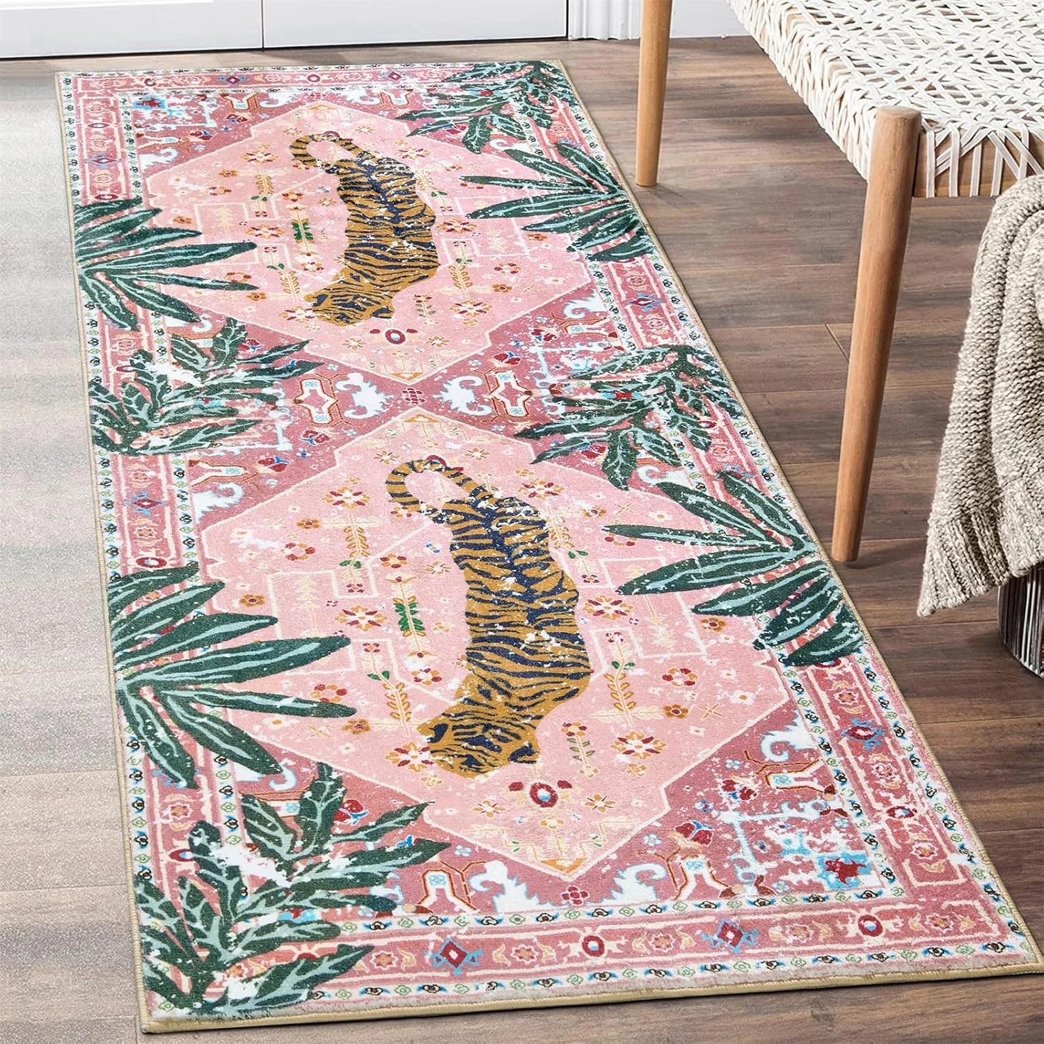 Oriental Tropical Kitchen Runner Rug 2x5 Washable, Thin Stain Resistant Pink Boho Bathroom Runner Rug for Hallway Entryw