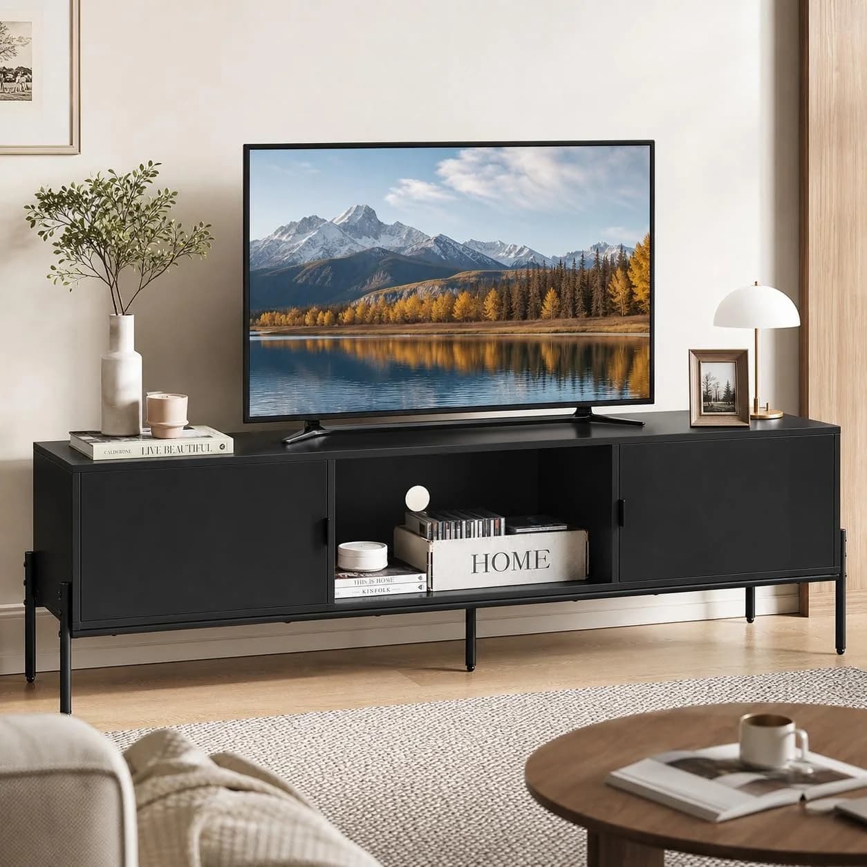 WLIVE 58" TV Stand for 65 Inch TVs, Mid Century Modern Entertainment Center with 2 Storage Cabinets & Open Shelf, Media
