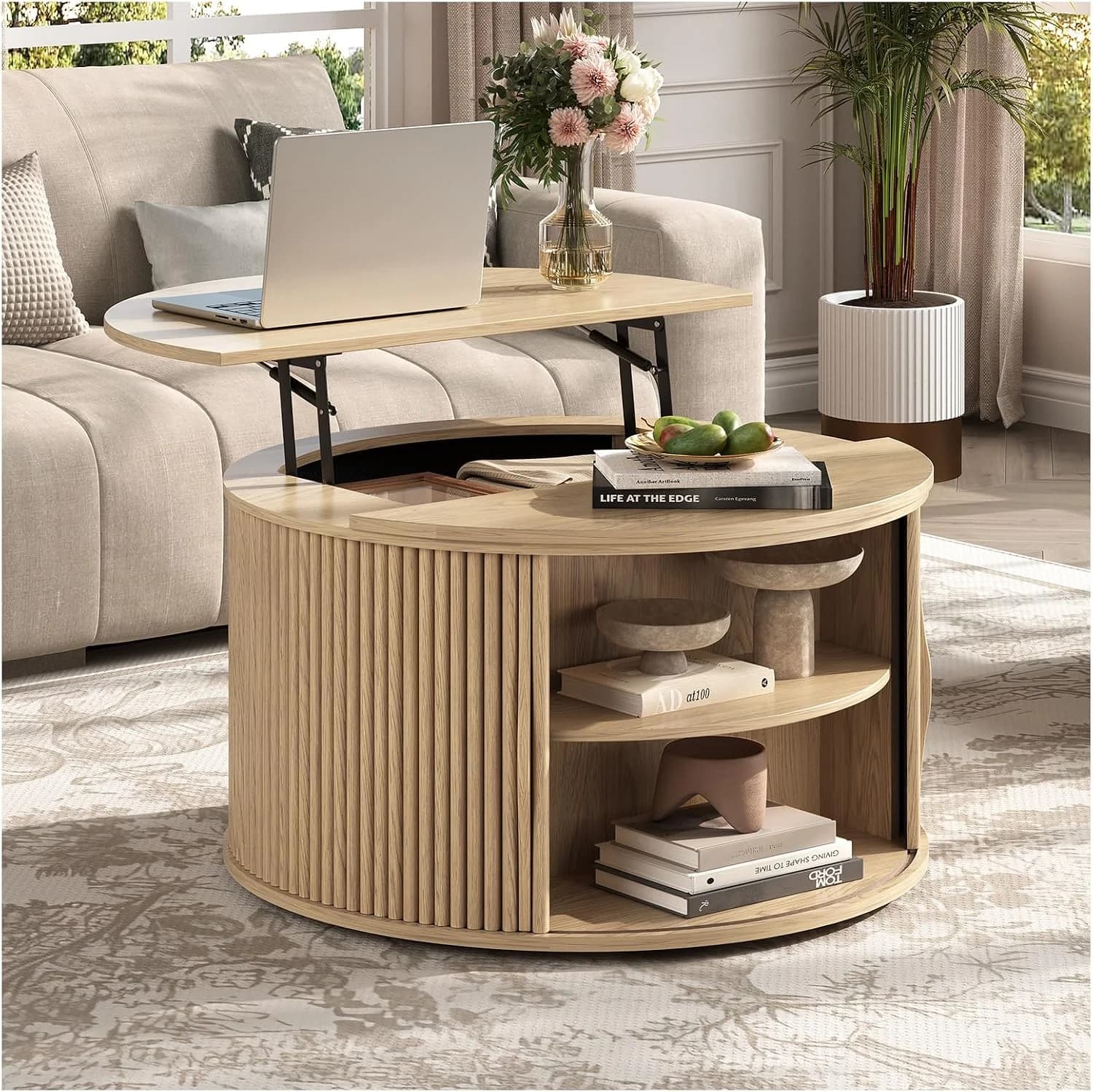 31.5" Round Lift Top Coffee Table with Storage for Living Room,Oak