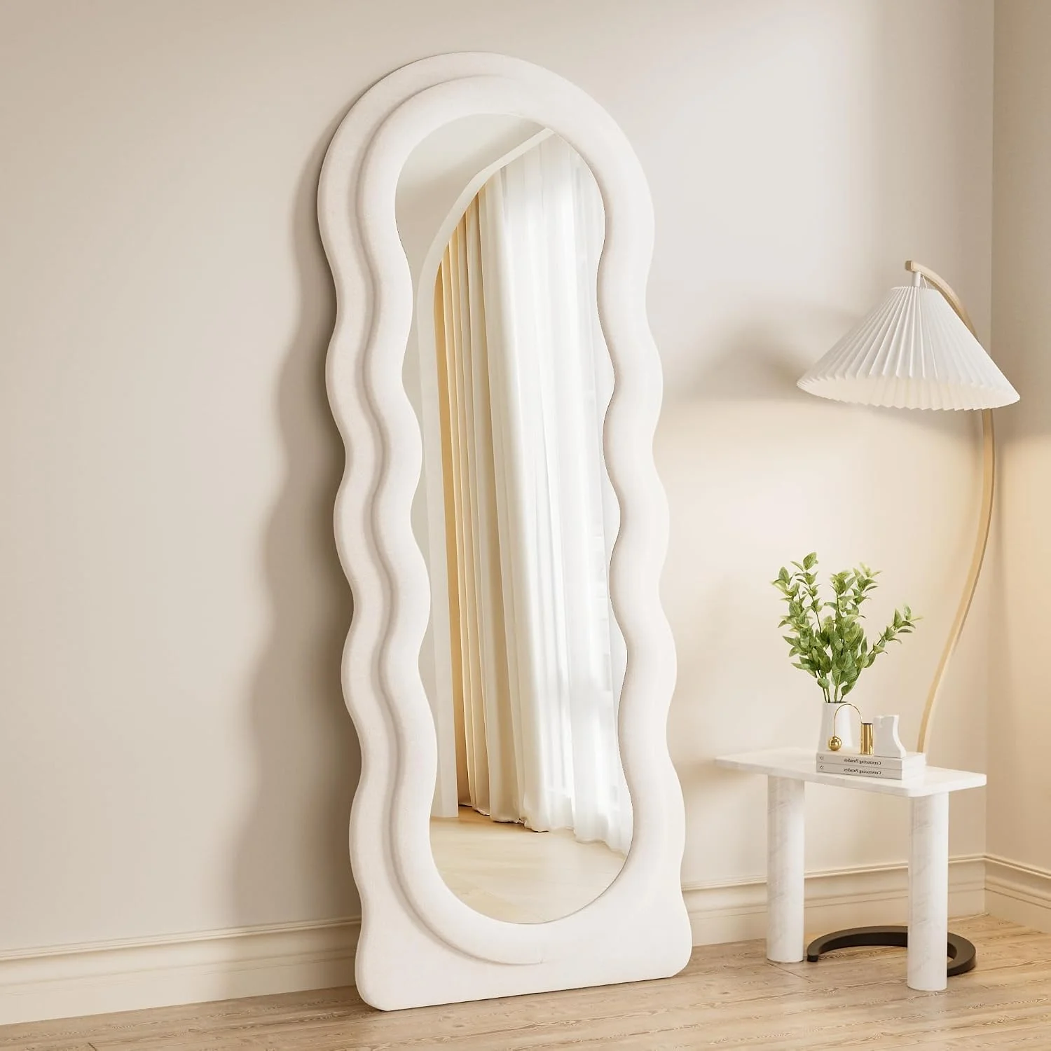 Rowjut Full Length Mirror, 63" × 24" White Wavy Velvet Mirrors
