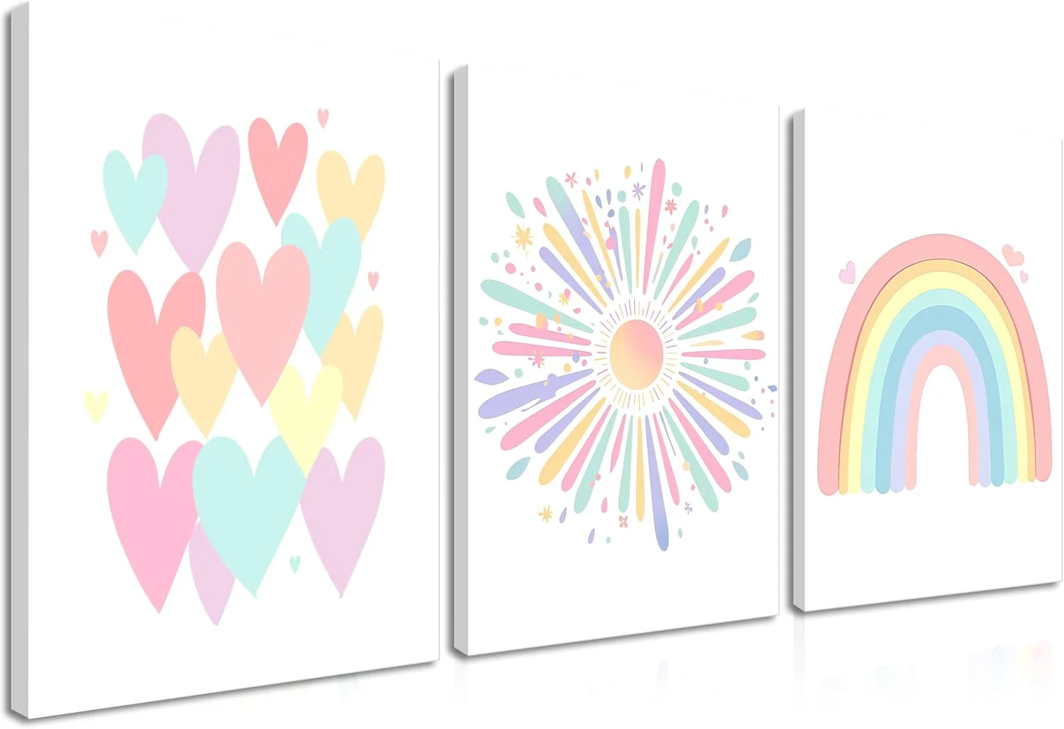 Framed Girls Rainbow Canvas Wall Art Set of 3, Colorful Boho Sun Nursery Wall Decor Painting, Kids Heart Picture Posters