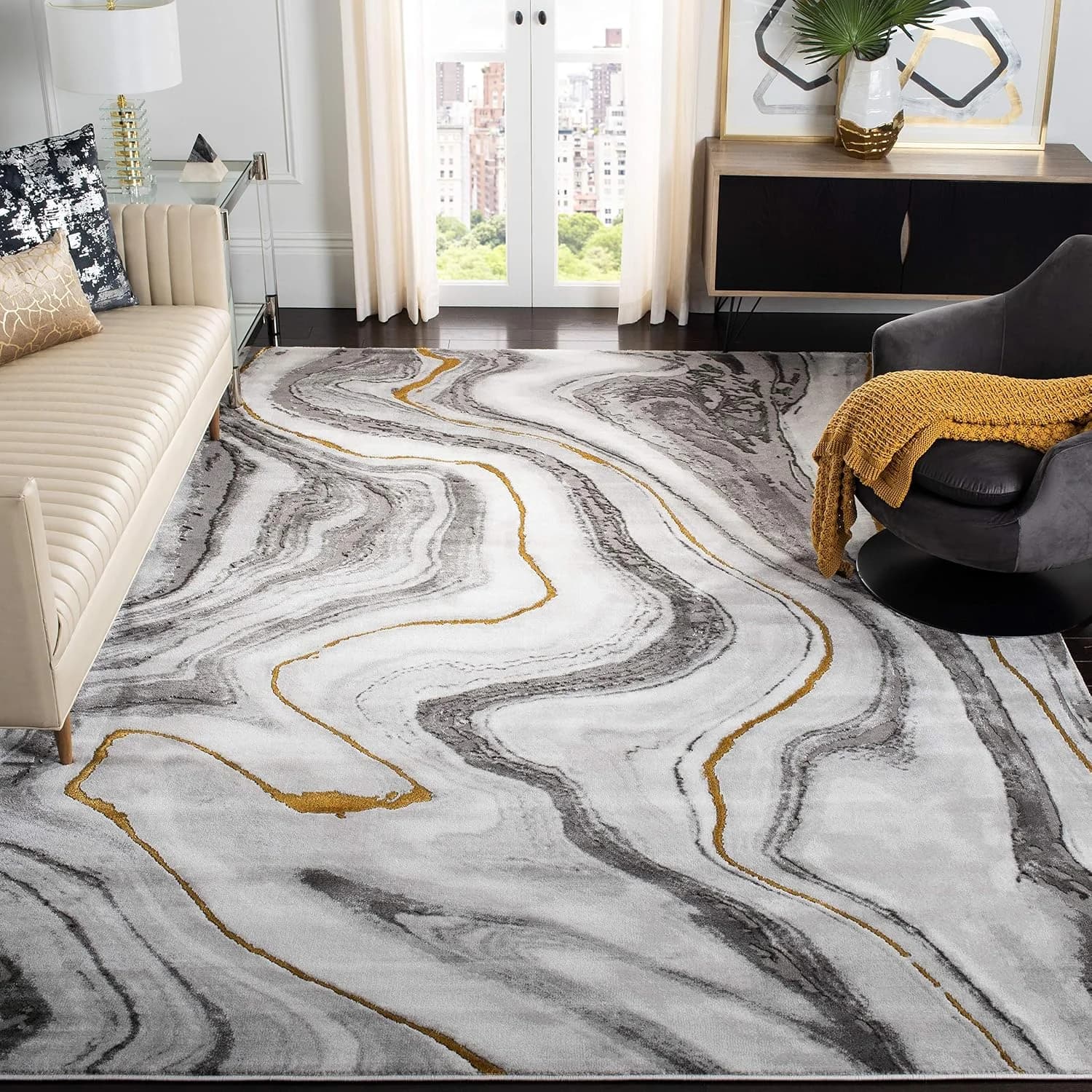 SAFAVIEH Area Rug 8x10 - Craft Collection - Large - Grey & Gold, Modern Abstract Design, Non-Shedding & Easy Cleaning, I
