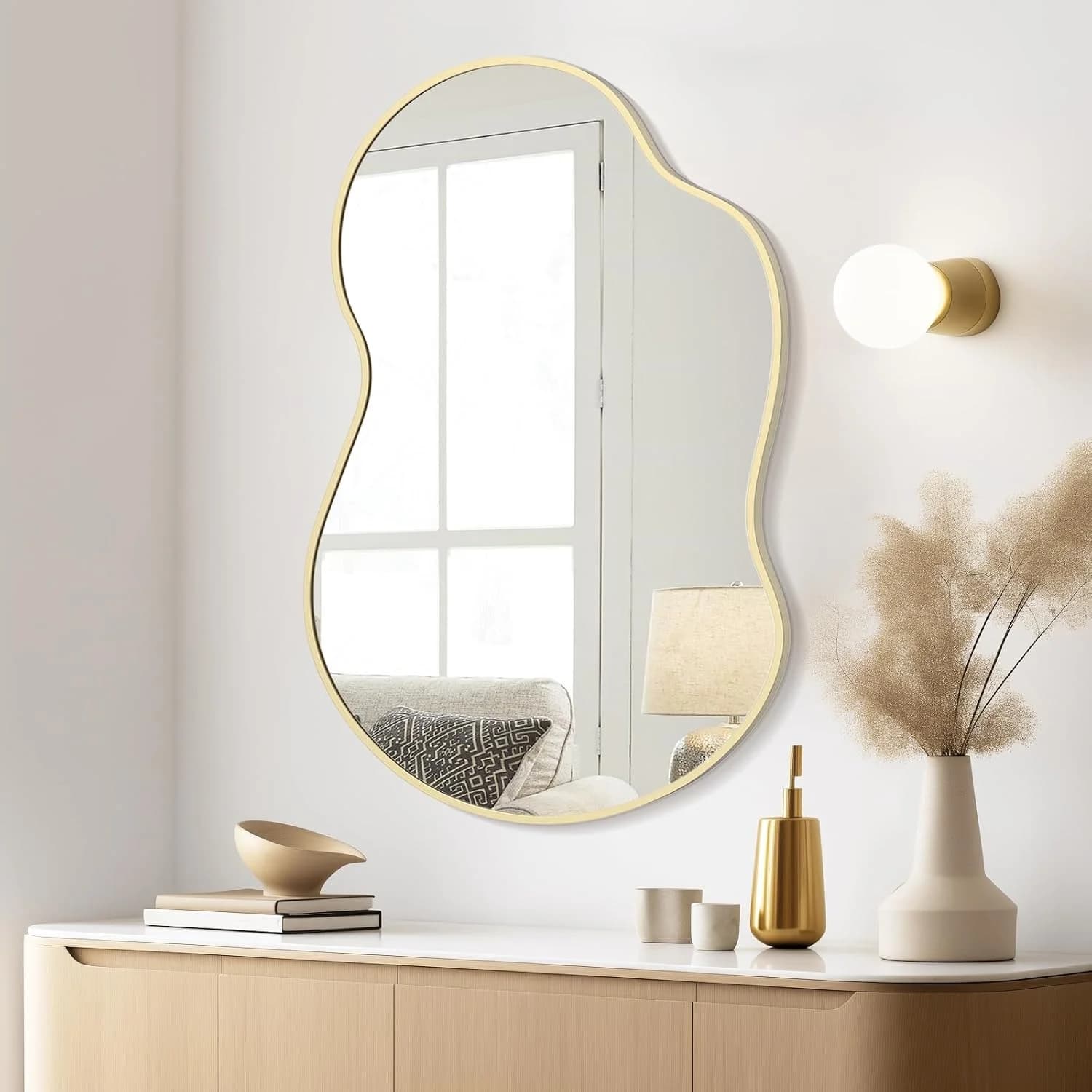 WallBeyond Gold Asymmetrical Mirror, Modern Irregular Wall Mirror with Aluminum Frame for Bedroom, Bathroom, Living Room
