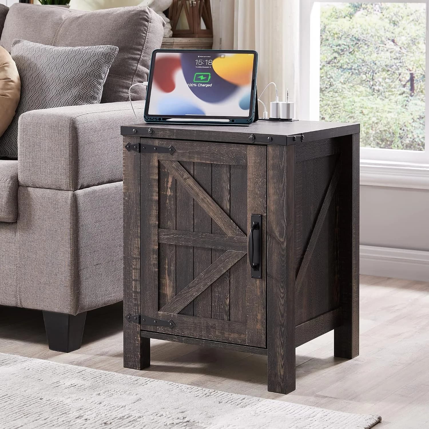 OKD 18" Farmhouse End Table with Charging Station, Dark Rustic Oak