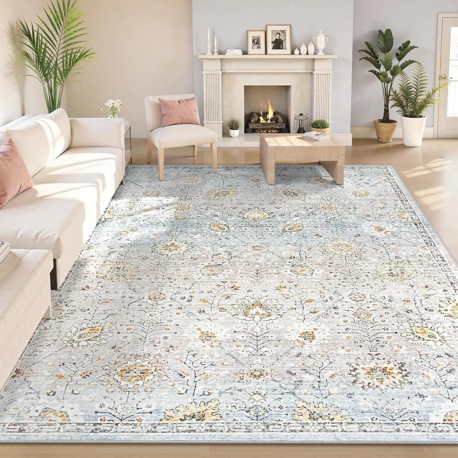 Lahome Light Blue Rug 8x10 for Living Room, Soft Floral Rugs for Bedroom