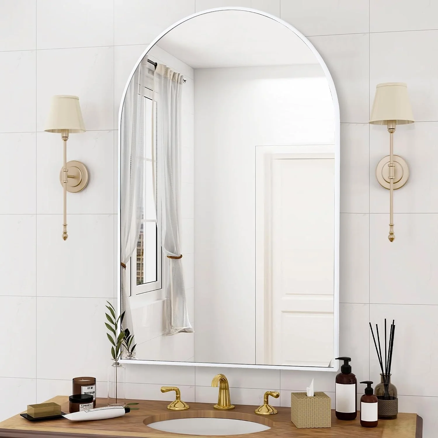Arched White Bathroom Mirror,24 x 36 Inch Arch Wall Mirror with Wood Frame