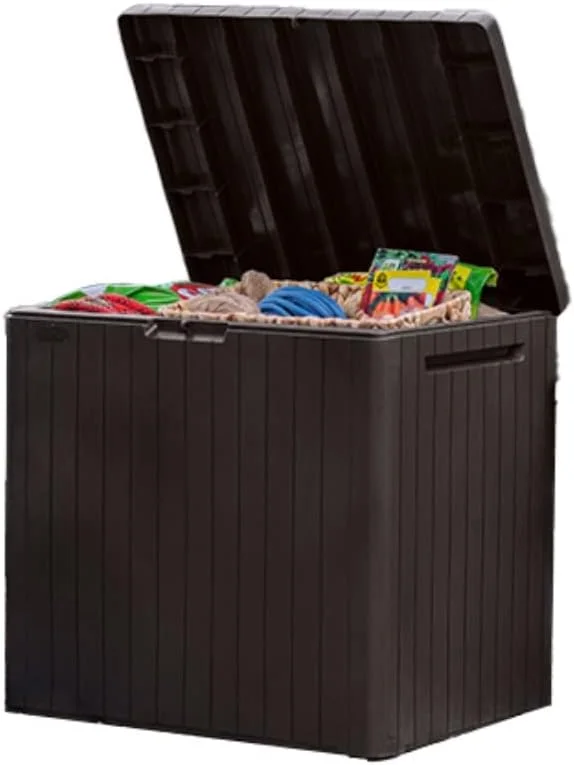 Keter City 30 Gallon Resin Outdoor Storage Box and Patio Furniture Side Table for Pool and Garden Accessories, Brown