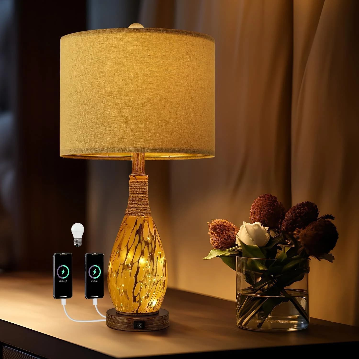 OYEARS 23" USB A+C Table Lamp for Bedroom Living Room Modern Bedside Lamps Retro Farmhouse Rattan Glass Nightstand Night