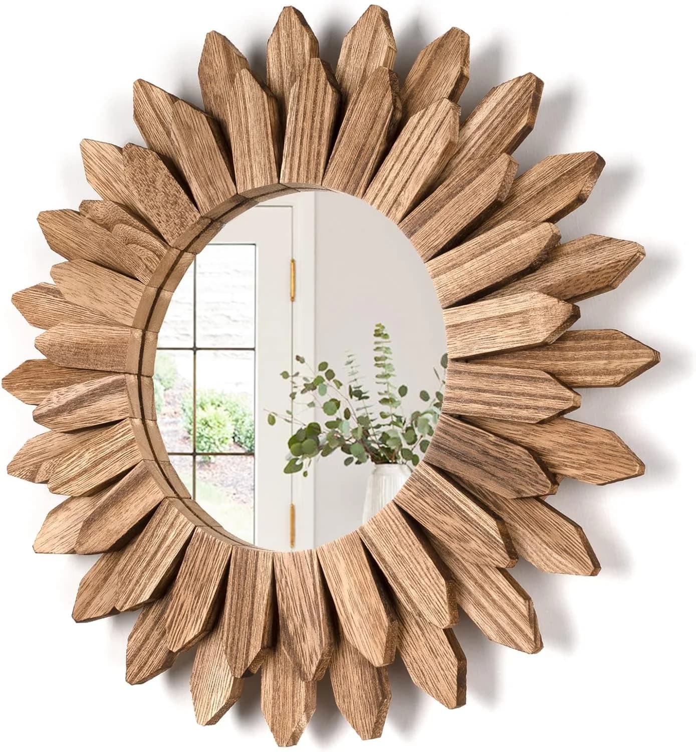 Honiway Wall Mirror Decorative 12 inch Rustic Wood Mirror Sunburst Boho Mirror for Entryway Bedroom Living Room Bathroom