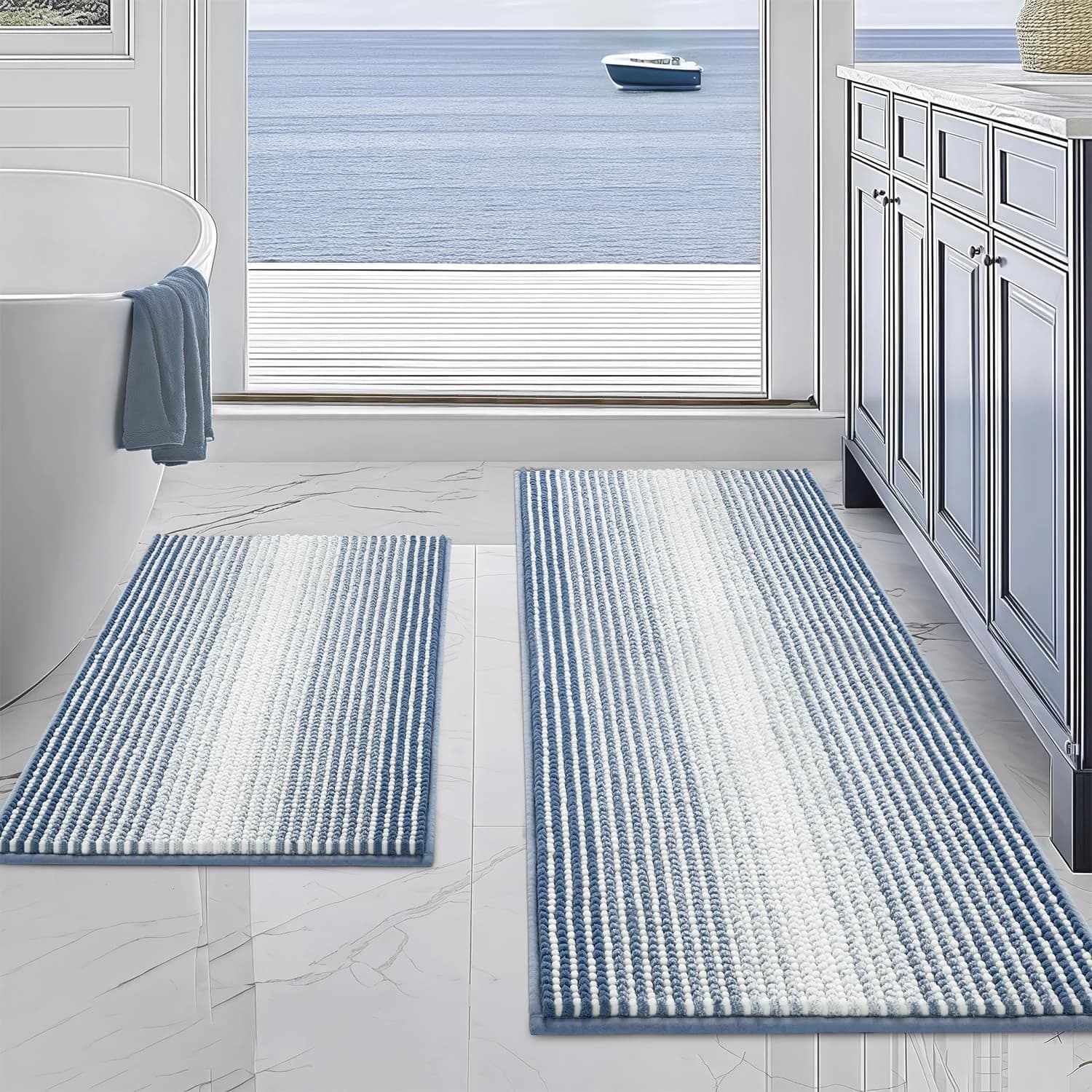 BSICPRO Bathroom Rugs Sets 2 Piece, Non Slip Striped Bath Mats, Fog Blue