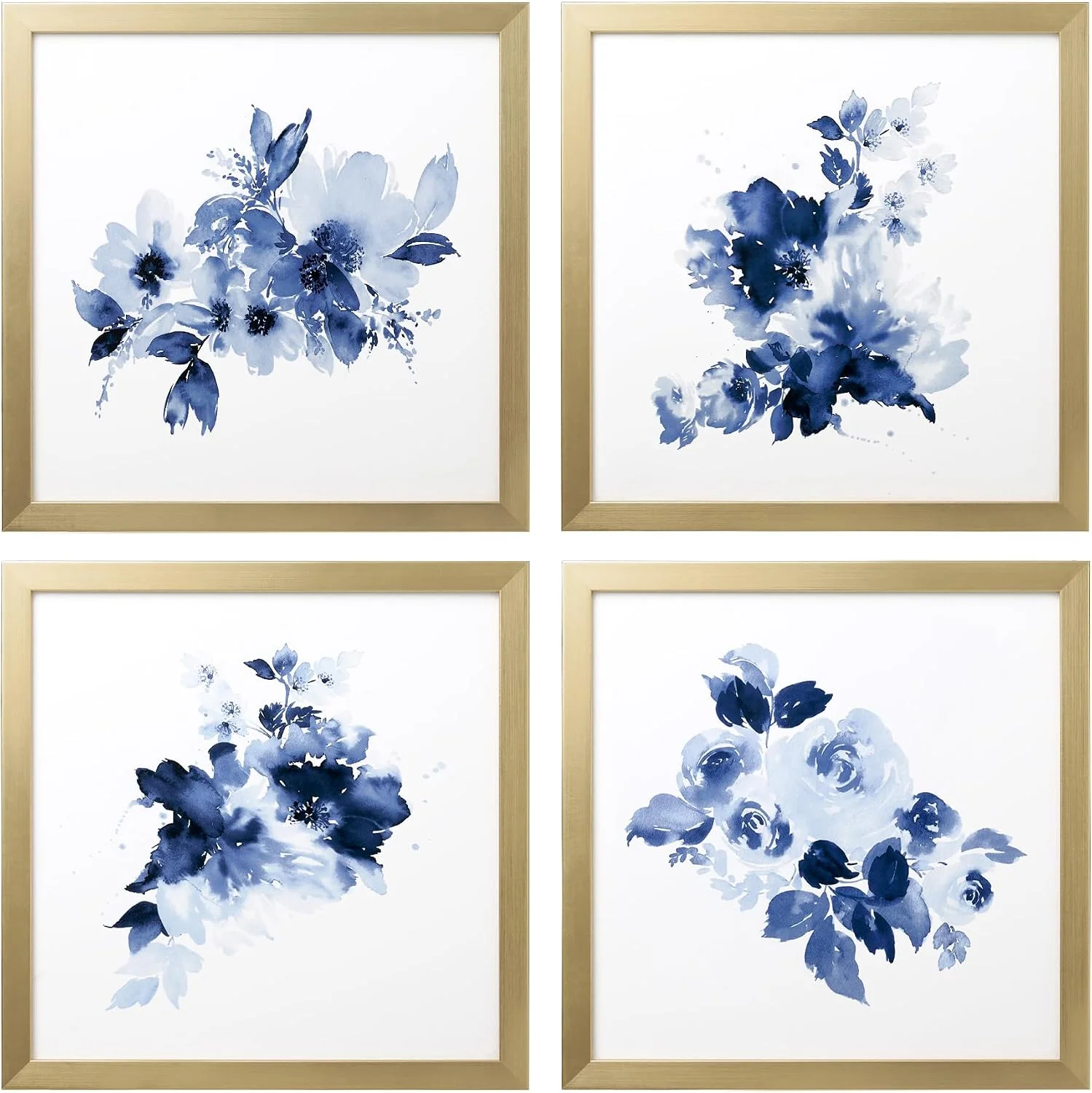 ArtbyHannah Framed Bathroom Wall Decor, Navy Blue Watercolor Artwork Gold