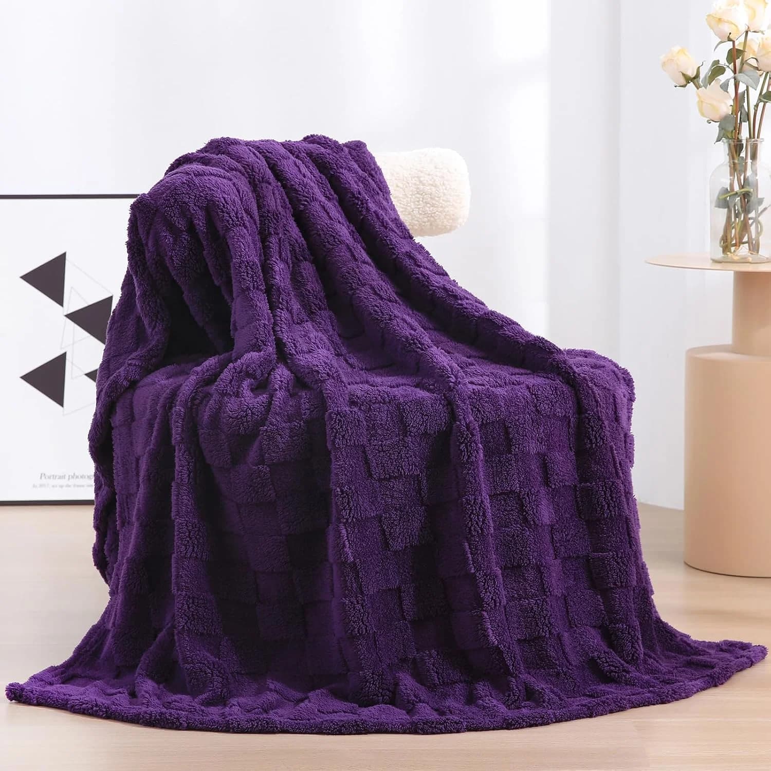 Deep Purple Fleece Throw Blanket 50”×60”Checkered Design for Couch