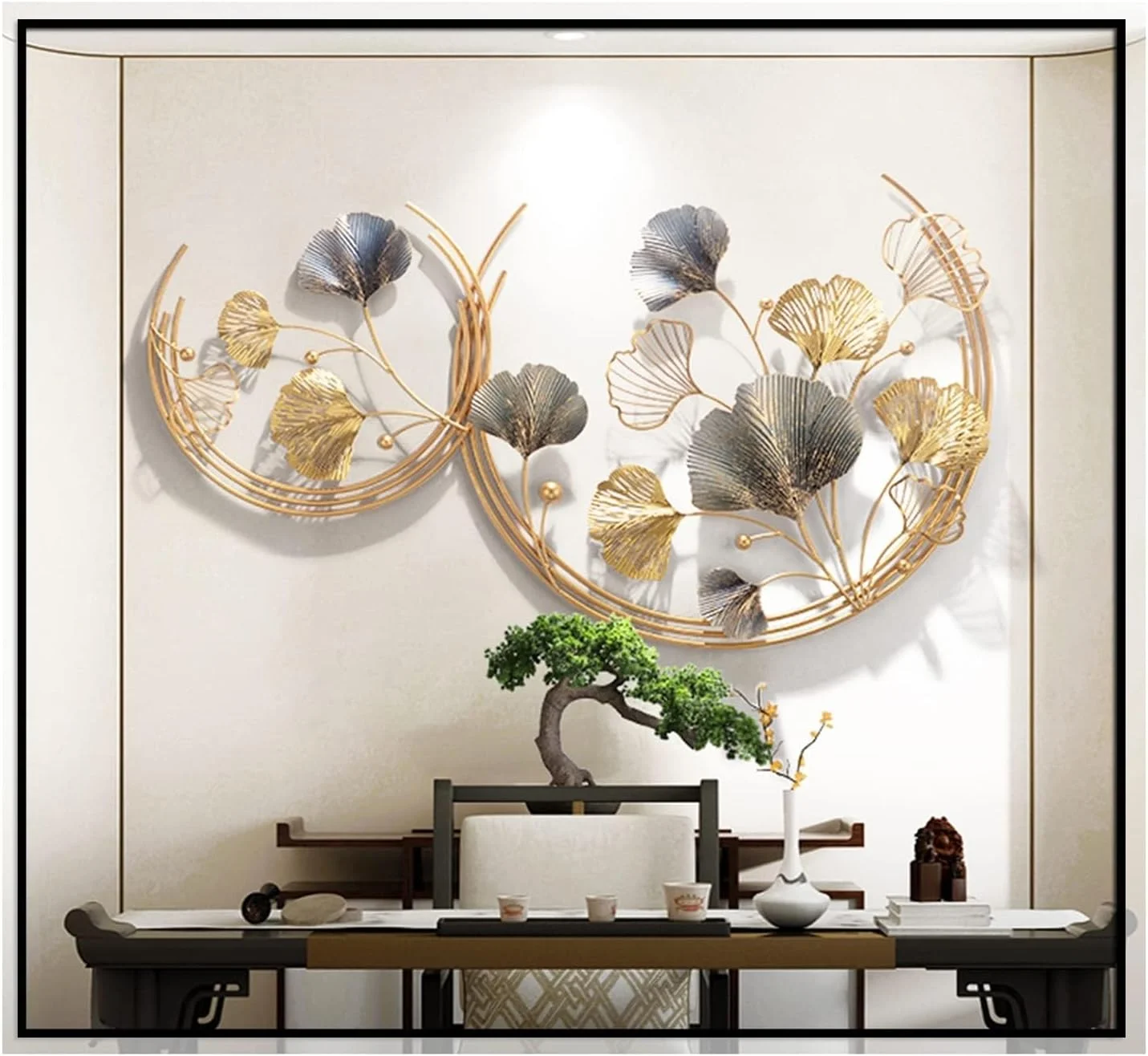 CDDUOLA 3D Room Wall Decor, Handmade Art Metal Round Golden Ginkgo Leaf Decorative Wall Sculpture for Home Living Room A