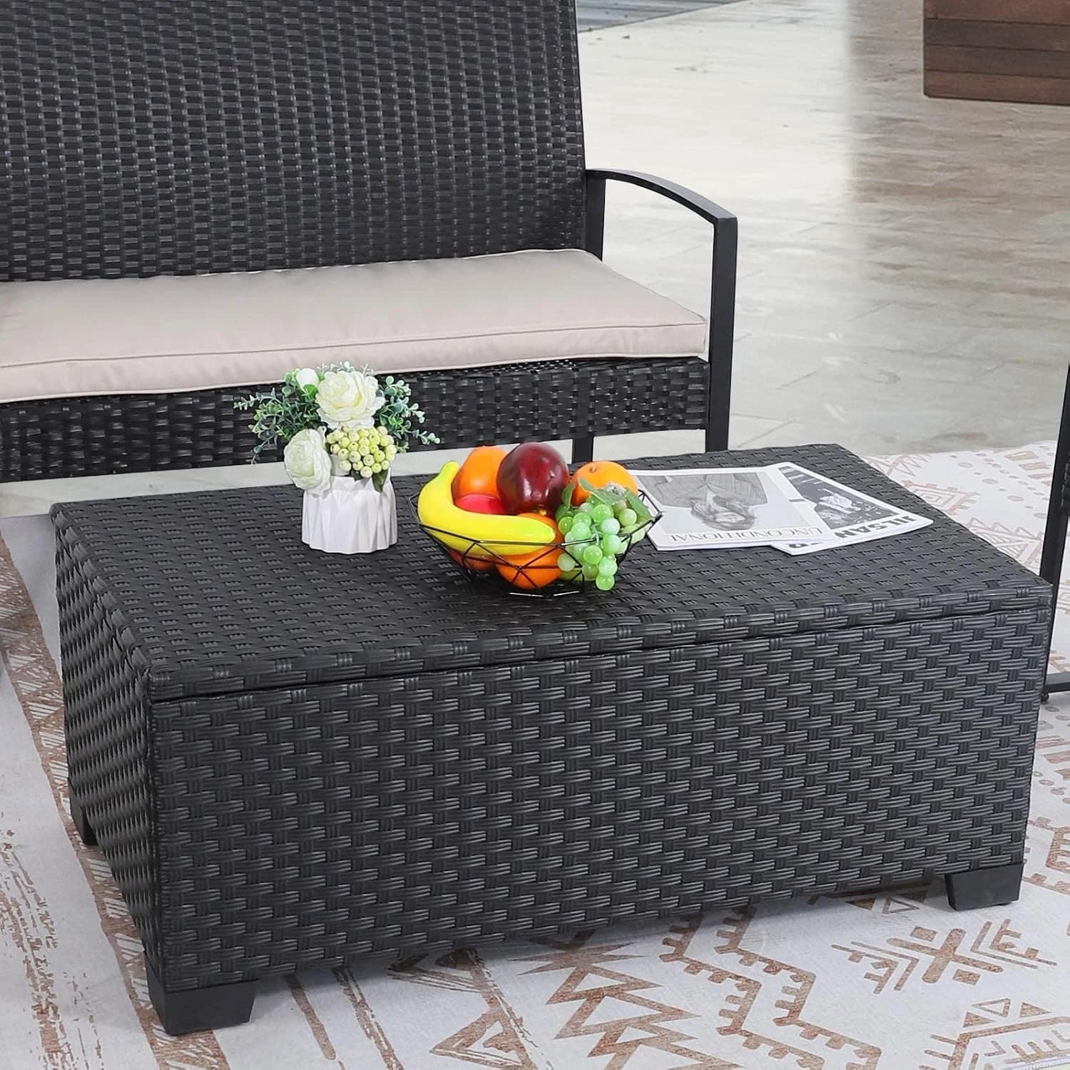 Rattaner Patio Coffee Table with Storage Wicker Outdoor Coffee Table and All-Weather Wicker Side Table with Waterproof C