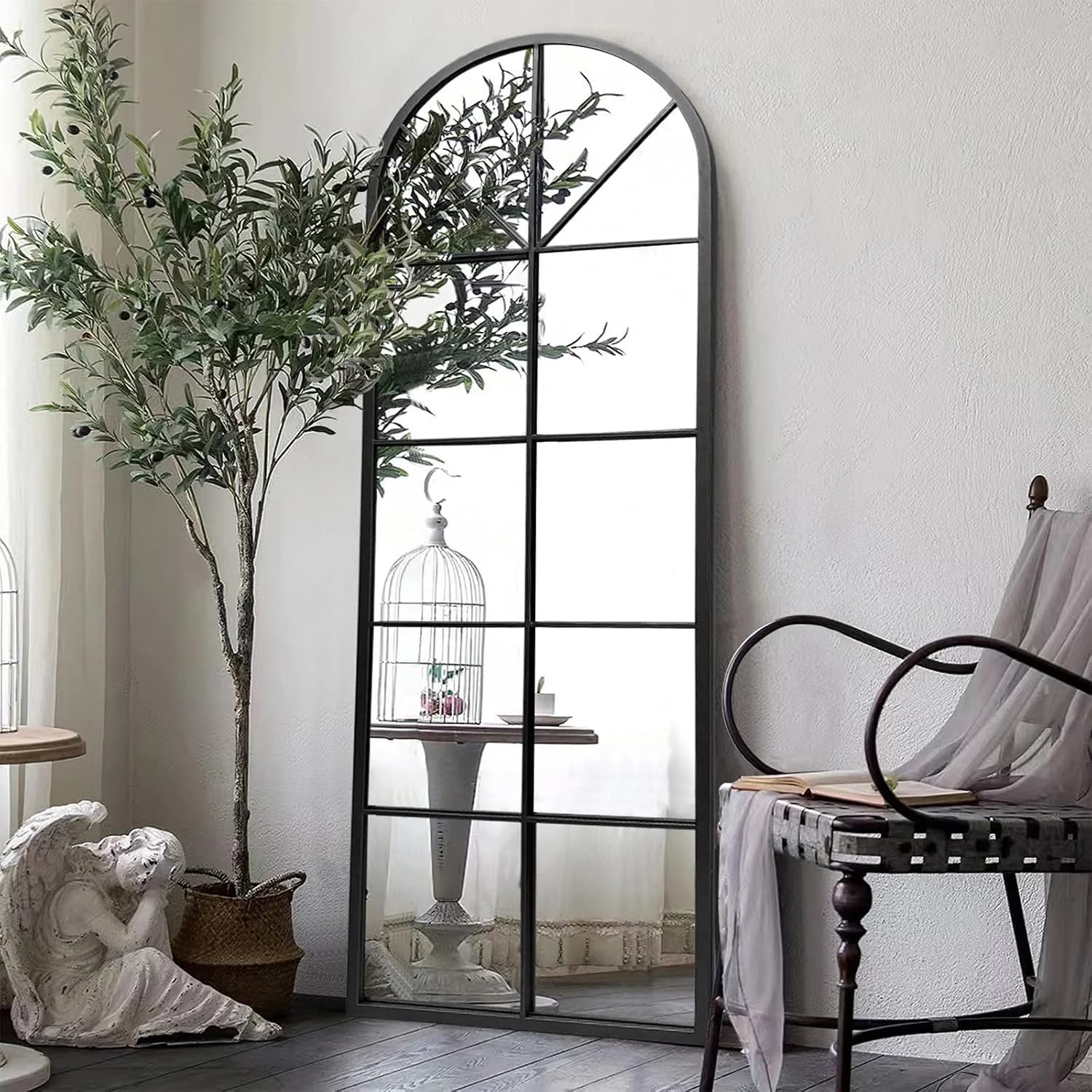 Floor Full Length Mirror, Black Arched-Top Mirror Full Length, Large Window Pane Body Mirrors, 65"x22" Wall Mounted Stan