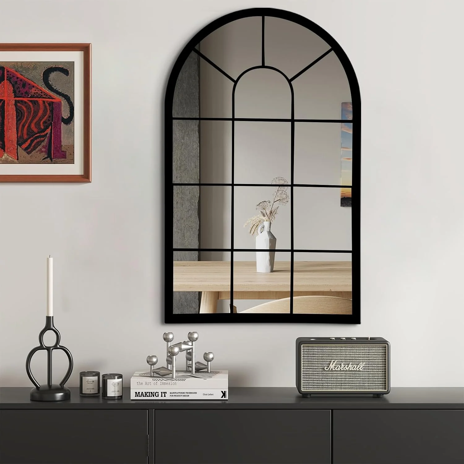 HQiJun Black Arched Window Mirror, Farmhouse Decorative Wall Mirrors for Living Room, Bedroom, Entryway, Bathroom Vanity