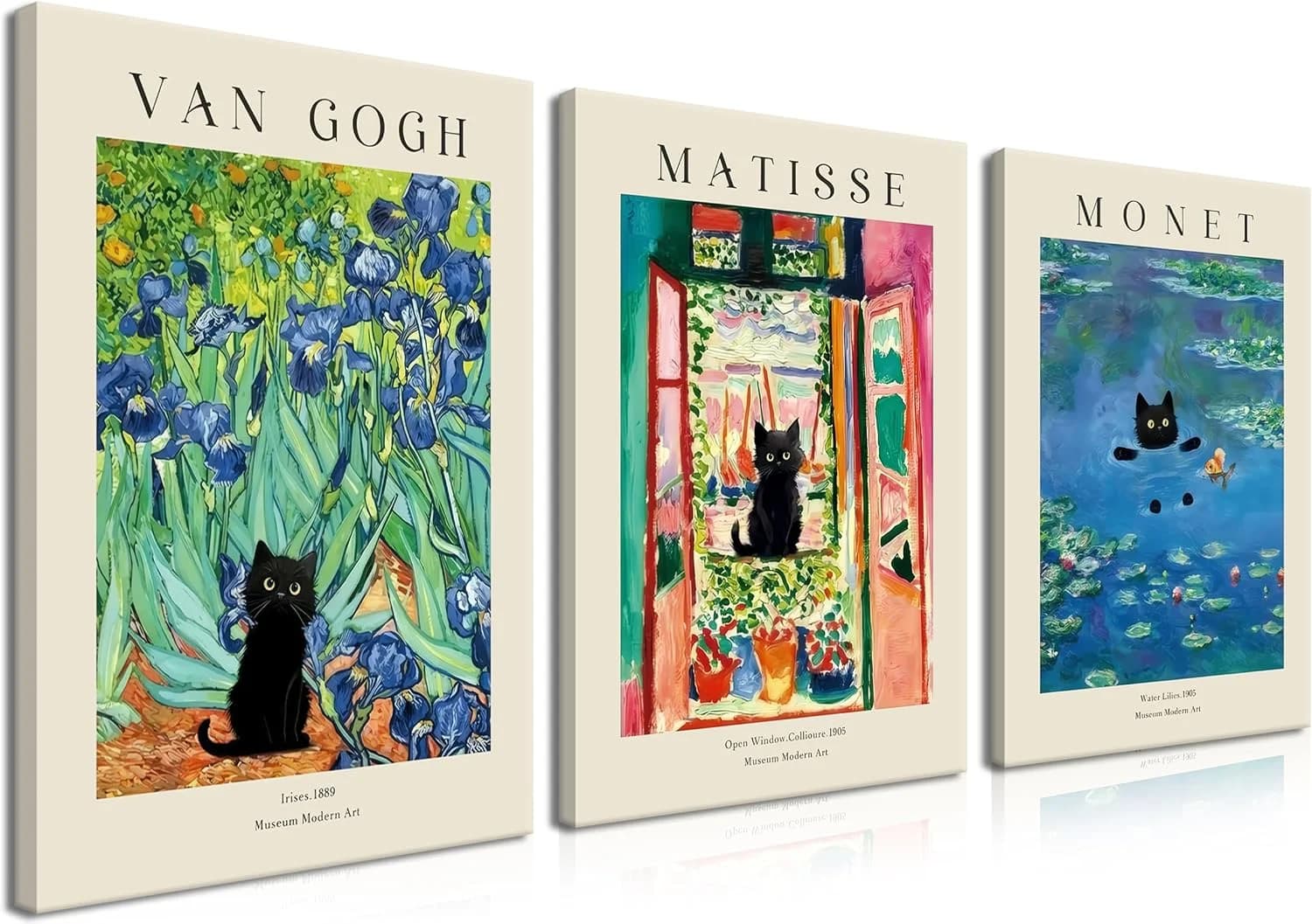Monet Wall Art Set of 3 - Van Gogh Black Cat Flower Field Canvas Paintings Prints, Matisse Abstract Black Cat Aesthetic