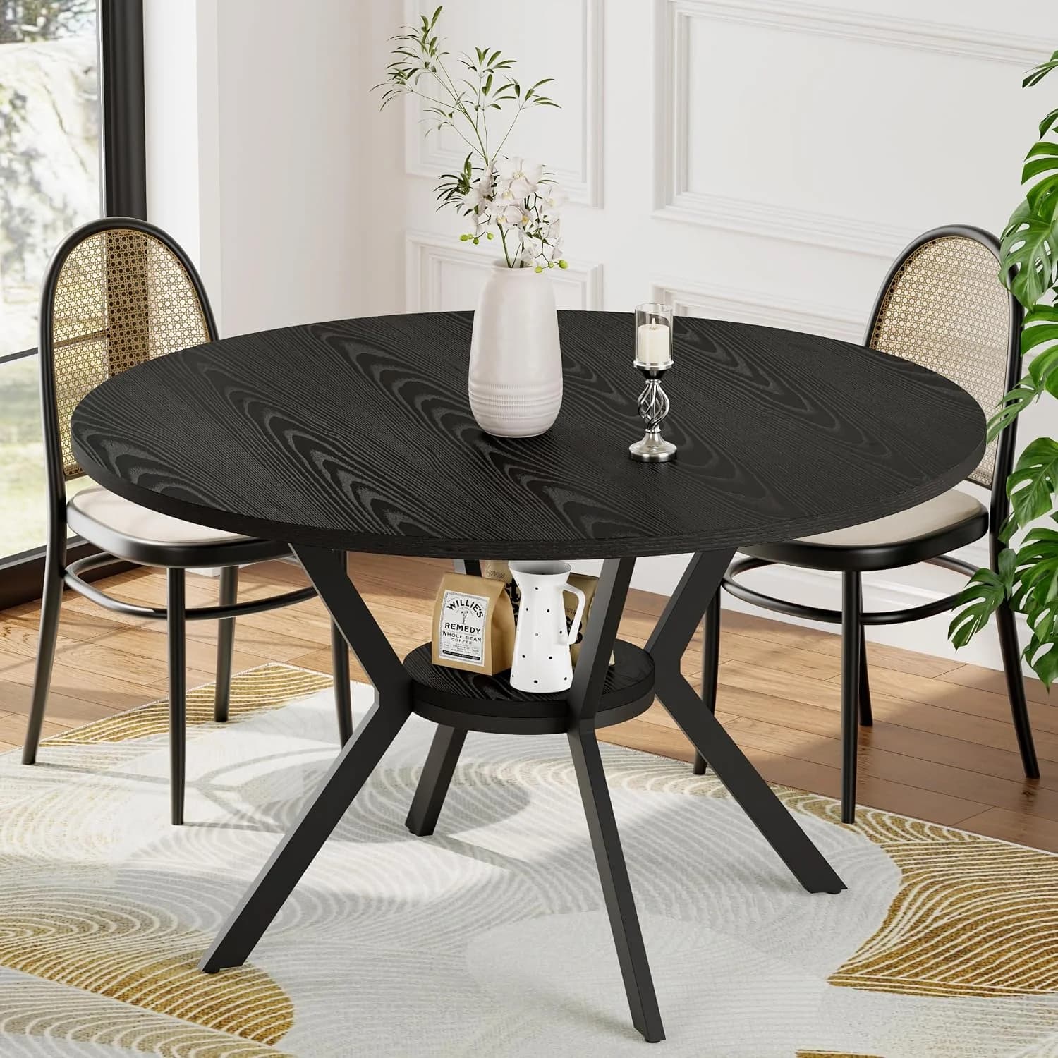 Black Wood Dining Table for 2-4, 42 Inch Round Kitchen Table with Storage