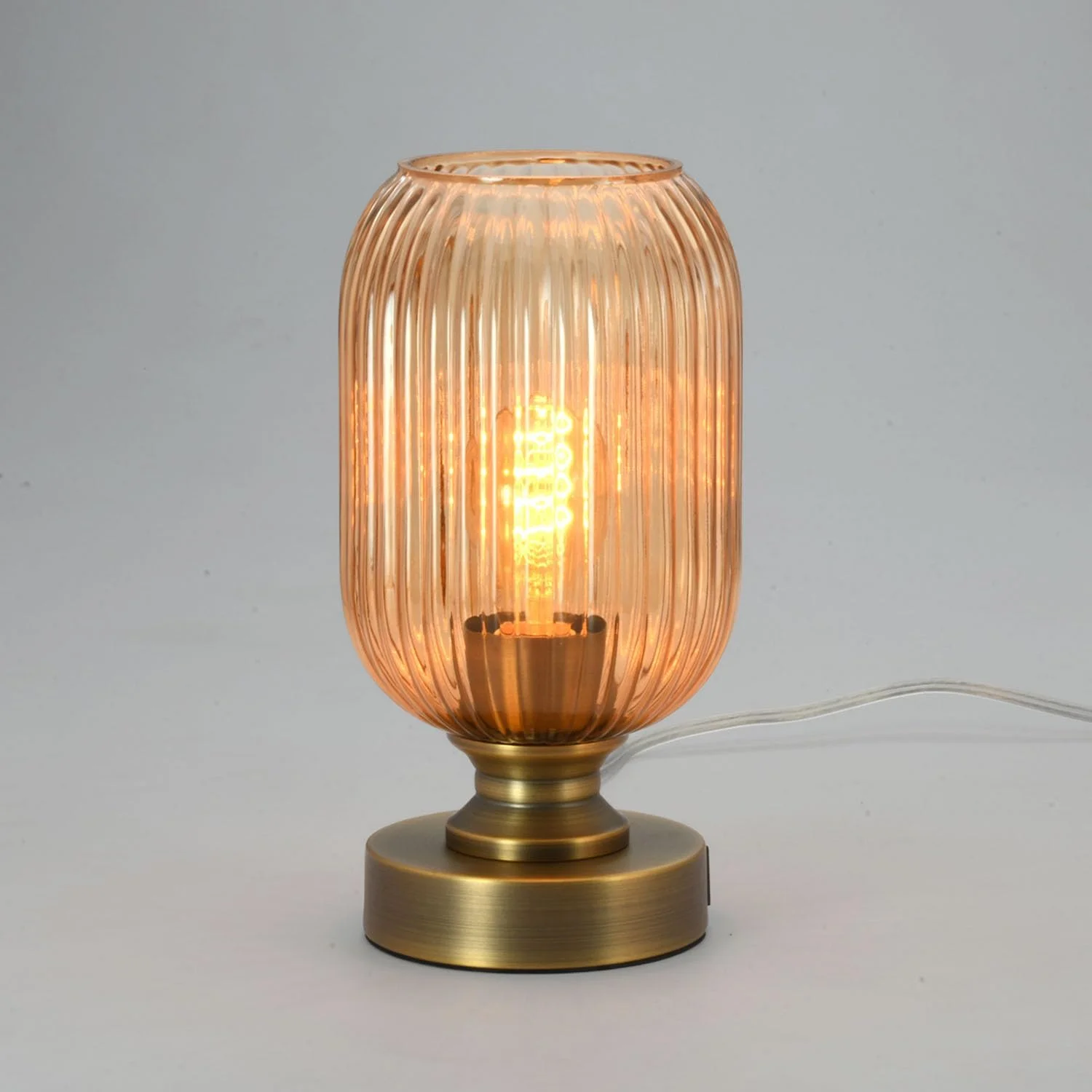 Mid Century Glass Table Lamp,Dimmable Desk Lamp,LED Bulb Included,Touch Control & USB A+C Port,Cognac Amber Ribbed Glass