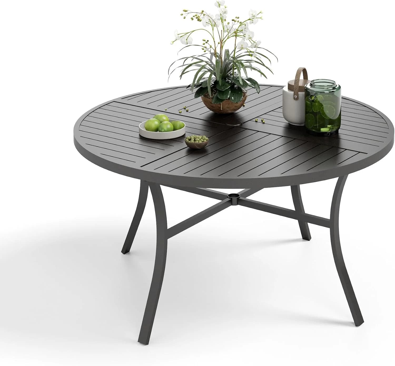 MIXPATIO Patio Round Table w/Umbrella Hole, Metal Table for 6, Black
